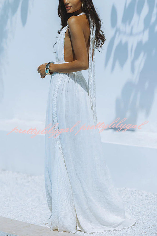 Summer Whispers Linen Blend Maxi Dress - Deep V Neck Halter Backless Cover Up with Draped Braids | Perfect for Beach Vacations, Pool Parties & Summer Weddings