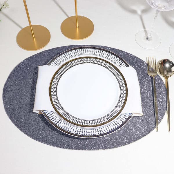 6 Pack Non-Slip Oval Faux Leather Placemats with Glitter - Charcoal Gray for Wedding, Banquet, Party & Dining Table Decor | Elegant Centerpiece for Home, Restaurant & Office Use