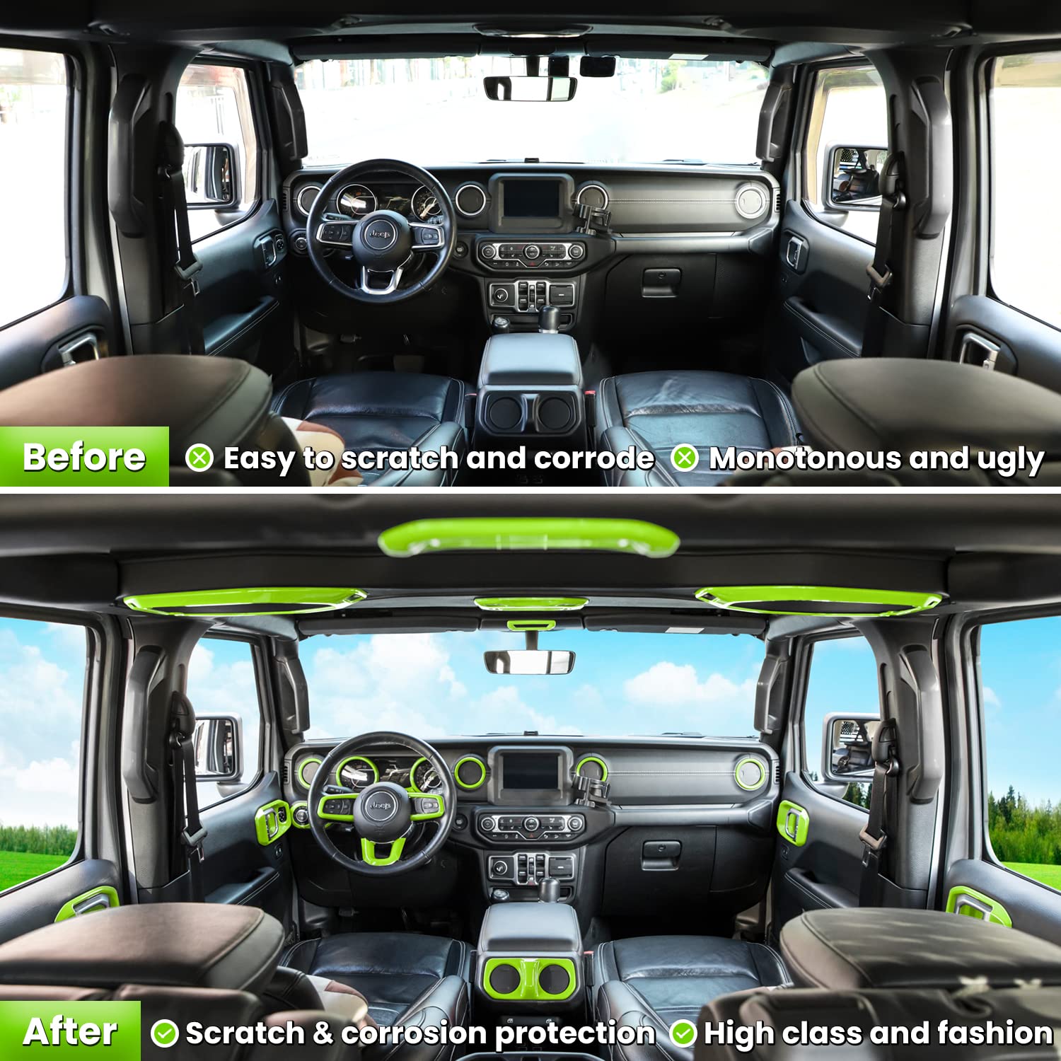 23PCS Full Interior Trim Kit for Jeep Wrangler JL JLU & Gladiator JT (2018-2023) - Steering Wheel, Door Handles, AC Vents, Cup Holders, Reading Light & Gear Cover in Green | Premium Car Accessories for Enhanced Style & Protection