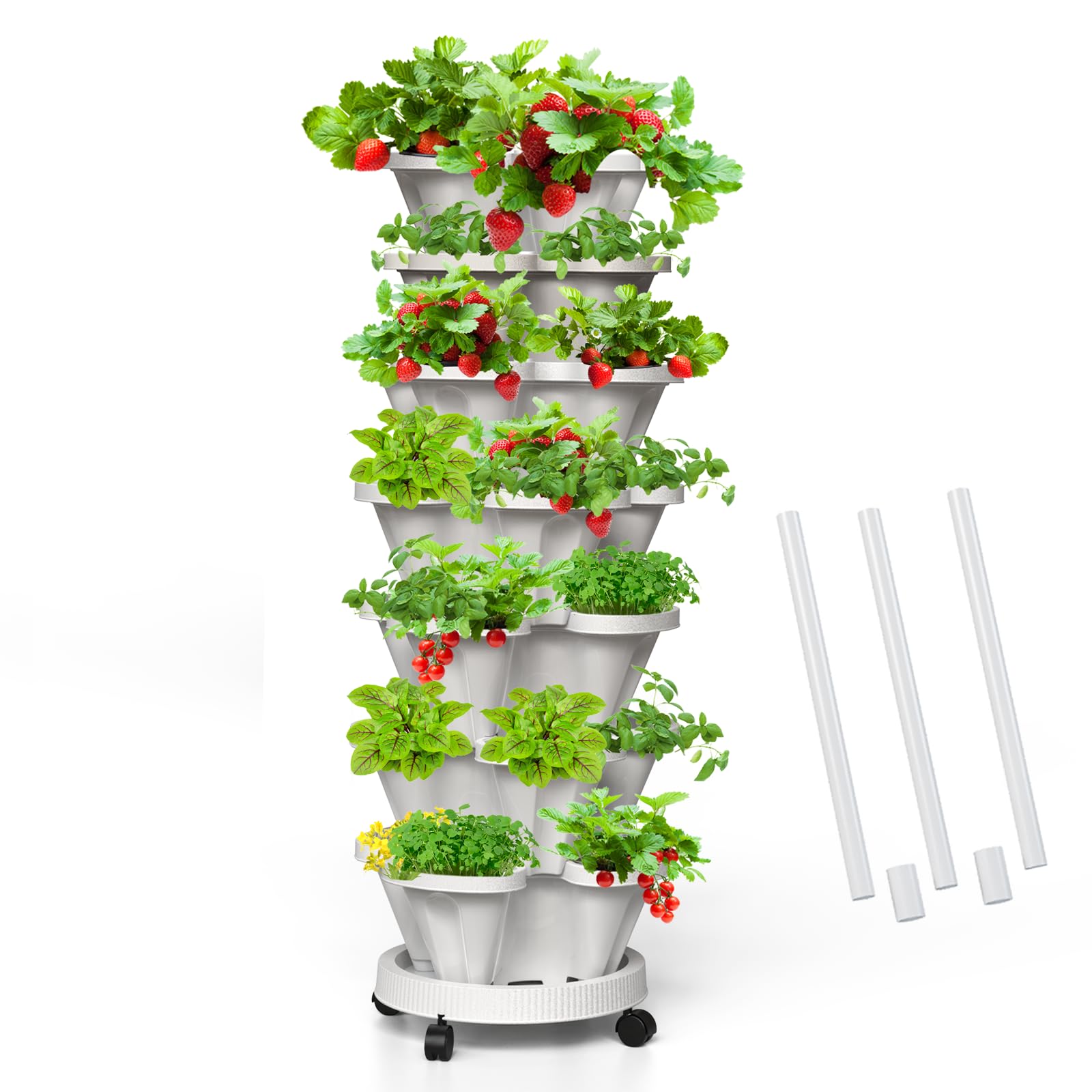7-Tier Strawberry Vertical Planter with Support Pole - Stackable Herb & Vegetable Garden for Indoor/Outdoor Use - White - Perfect for Small Spaces, Balconies & Urban Gardening