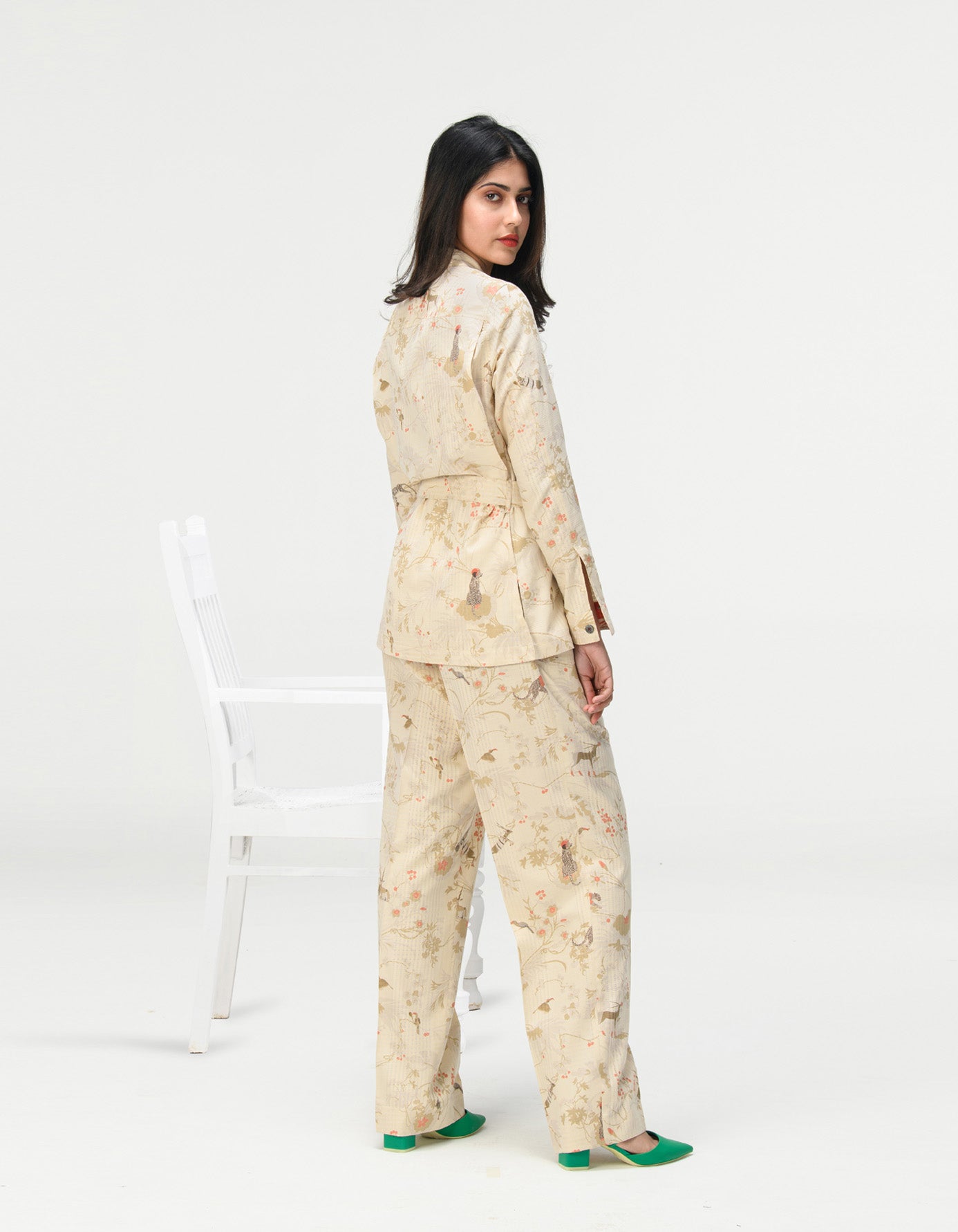 Single Pleated Trousers for Women - Cotton Silk Blend Checkered Ivory Pants | Office Wear & Casual Chic Outfits