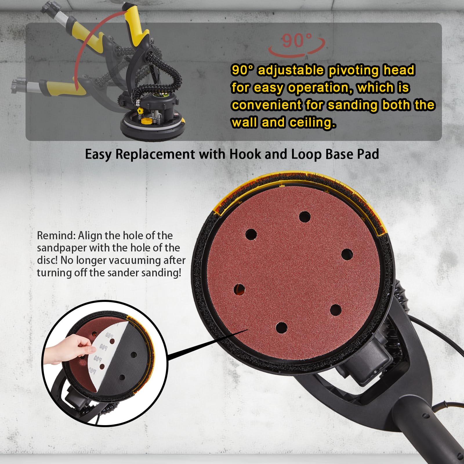 780W Electric Drywall Sander with Vacuum Dust Collection - 6.5A Dustless Floor Sander, Variable Speed 900-1800RPM, LED Light & Extendable Handle - Perfect for Drywall Repair, Home Renovation and Professional Construction Projects