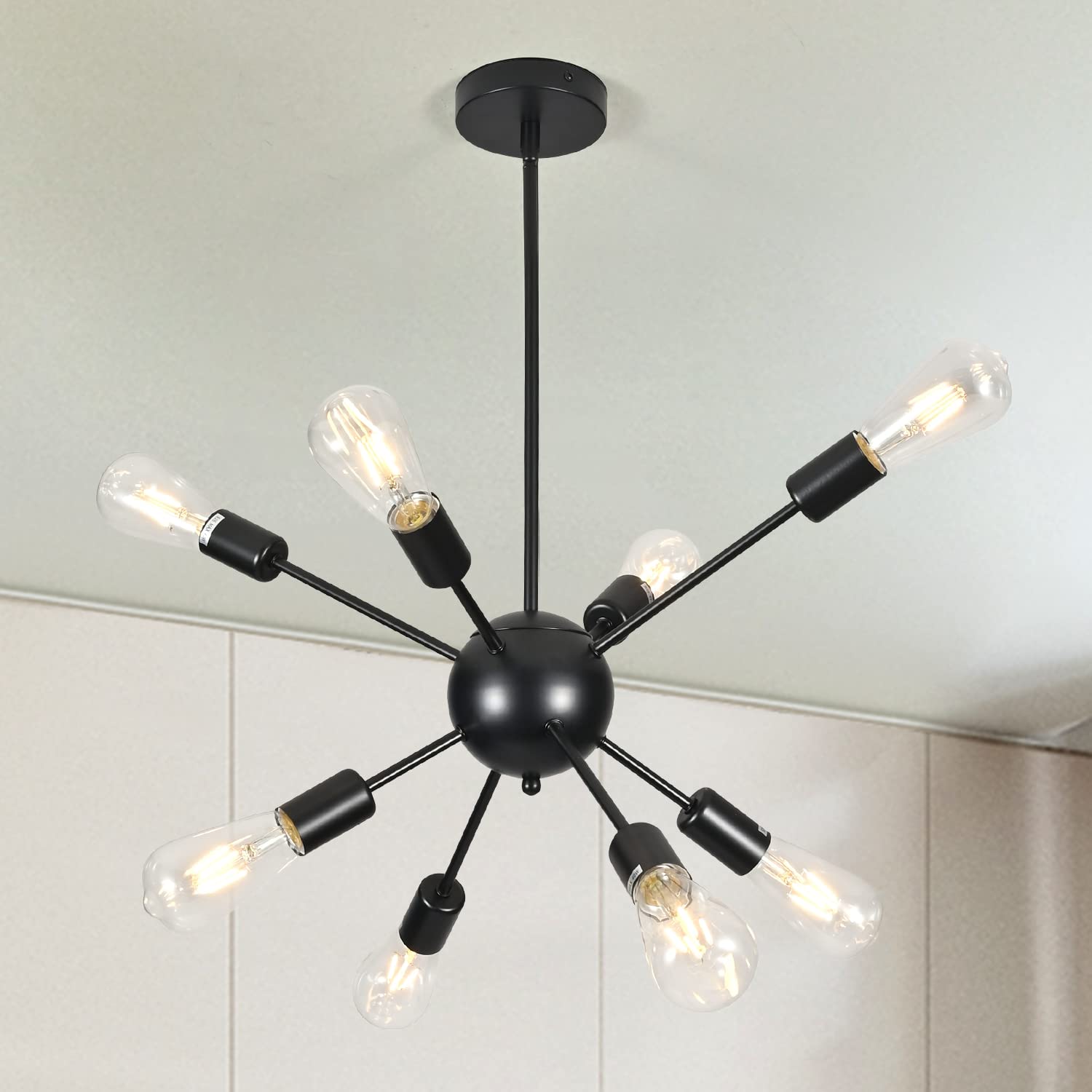 Modern Sputnik Chandelier Ceiling Light Fixture - 8-Light Mid Century Black Industrial Pendant Light, Semi Flush Mount Lighting for Living Room, Dining Room, Bedroom, Kitchen, Entryway, Bar & Cafe | Perfect for Vintage Home Decor, Restaurant Lighting & Commercial Spaces