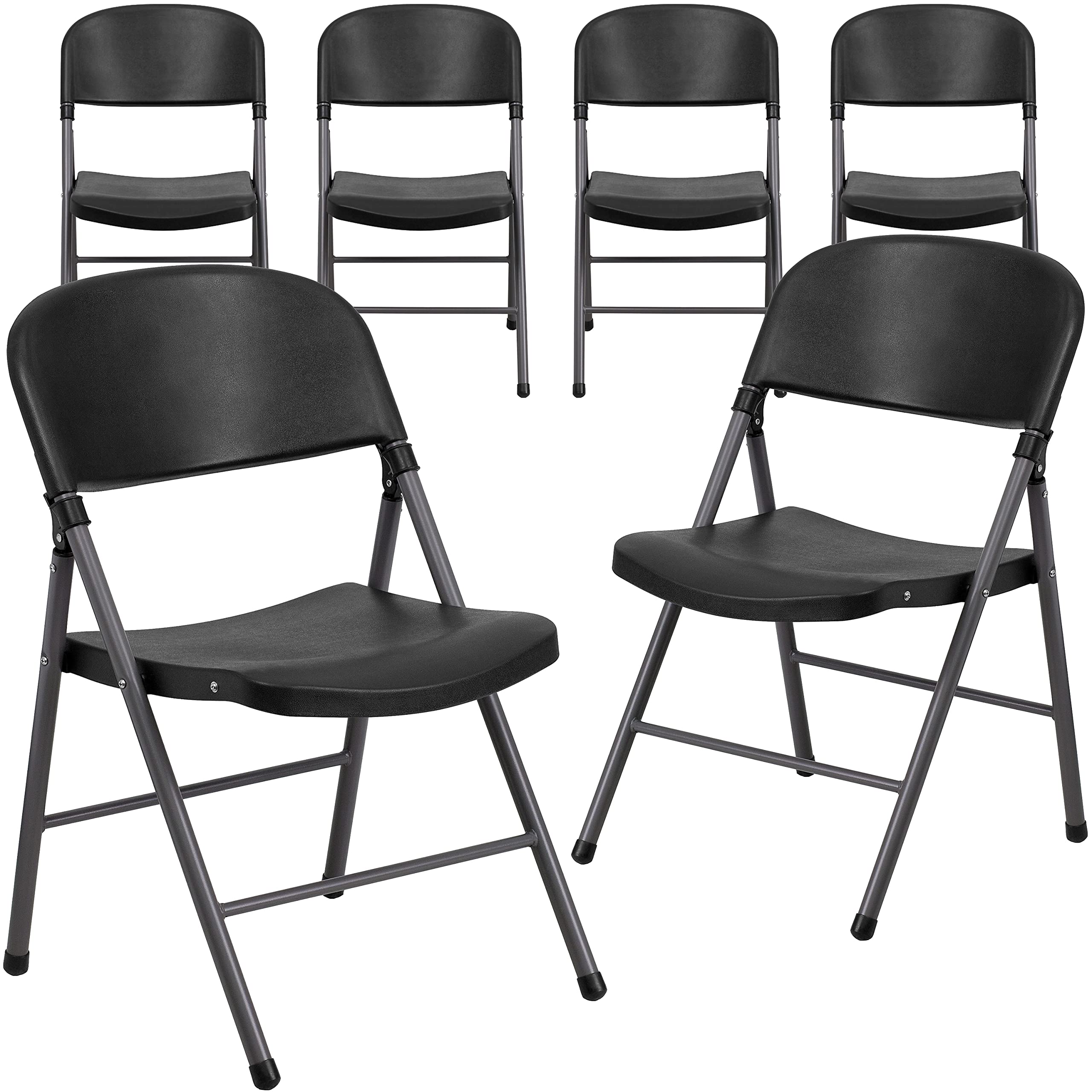 Flash Furniture 6 Pack HERCULES Series 330 lb. Capacity Black Plastic Folding Chairs with Charcoal Frame - Heavy Duty Stackable Chairs for Events, Parties, Weddings & Outdoor Use