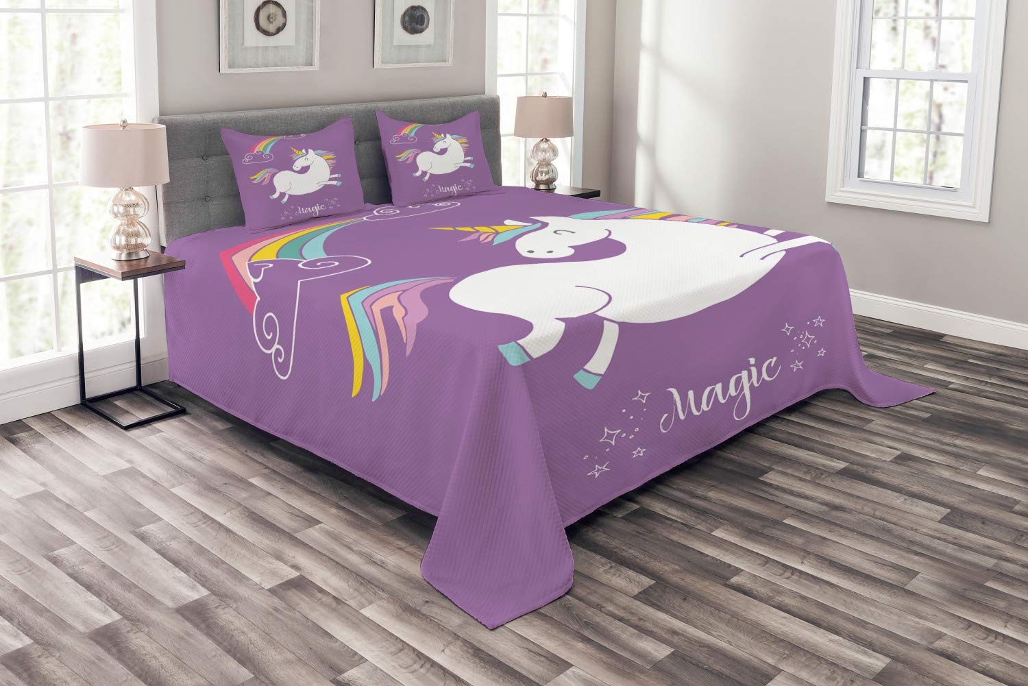 Ambesonne Unicorn Bedspread Set - Mythical Animal Clouds & Rainbow Horse Print, 3-Piece Queen Size Bedding with Coverlet & 2 Pillow Shams in Lavender White | Perfect for Kids' Rooms, Fantasy Themed Bedrooms & Gift Giving