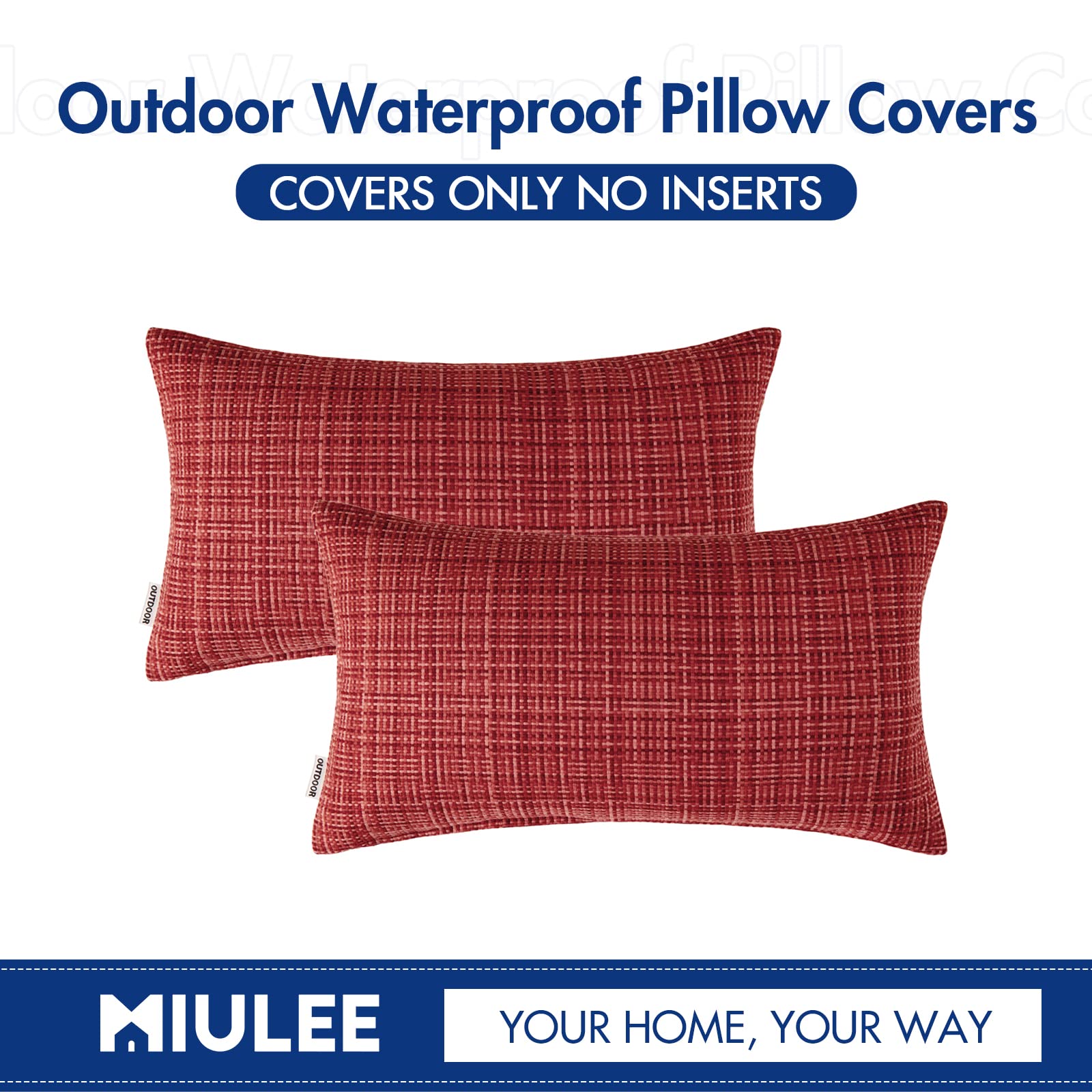 MIULEE Waterproof Outdoor Throw Pillow Covers 12x20 Inch - Farmhouse Decorative Cushion Covers for Patio, Garden, Tent, Sofa & Couch - Pack of 2 (Red) - Perfect for Outdoor Furniture, Camping & Home Decor