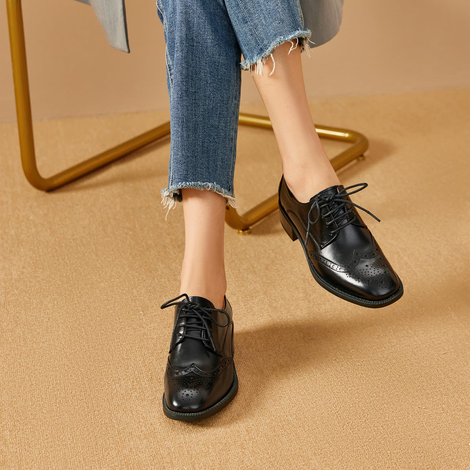 BEAU TODAY Women's Leather Oxford Brogue Dress Shoes - Breathable Comfort Wingtip Lace-Up Handmade Business Work Shoes for Women | Perfect for Office, Formal Events & Professional Outfits