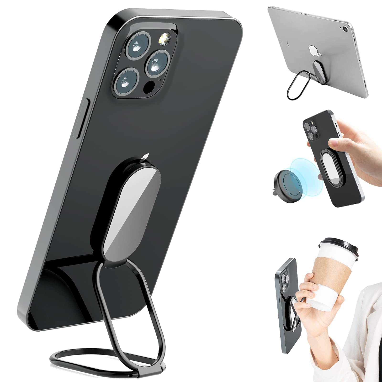 360° Rotating Magnetic Phone Ring Holder & Kickstand - Gun Black & Silver Metal Phone Grip for Hands-Free Viewing, Magnetic Car Mount, Foldable Stand - Perfect for Driving, Watching Videos, and Taking Selfies