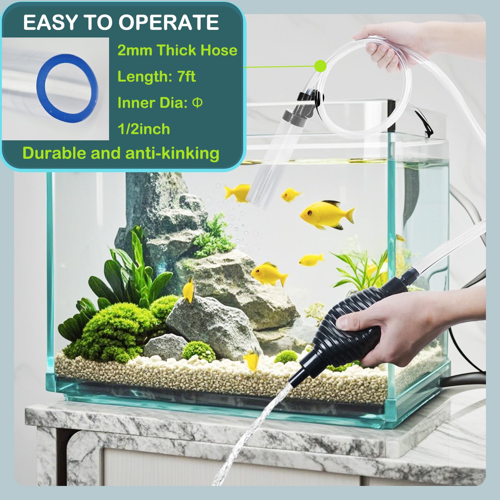 7ft Aquarium Gravel Cleaner Vacuum with Large Siphon Ball - Fish Tank Water Changer for Cleaning Gravel & Sand - Perfect for Freshwater & Saltwater Aquarium Maintenance