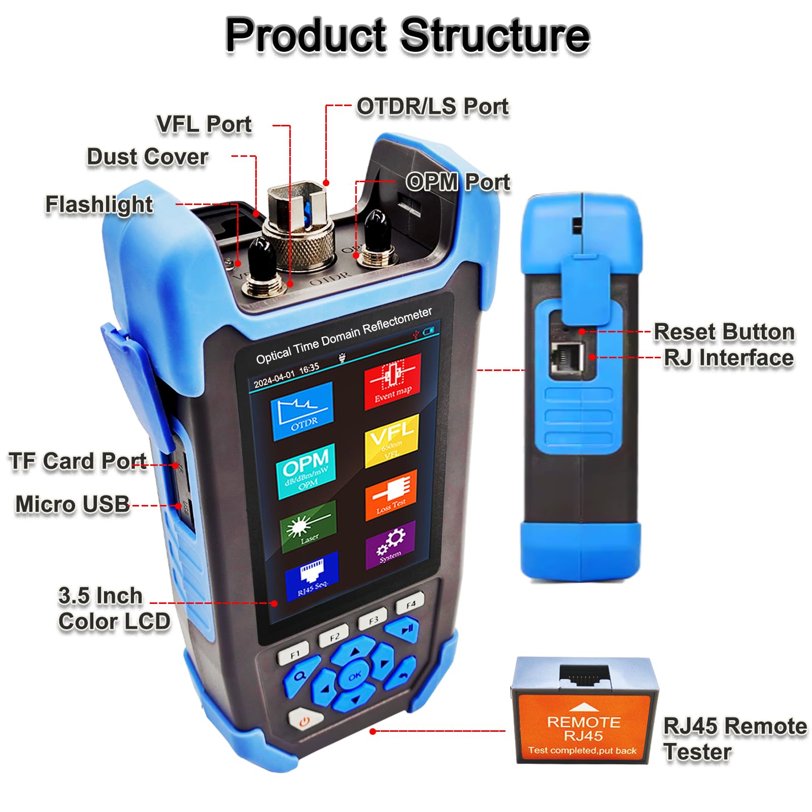 OTDR Optical Fiber Tester Mini-Pro SM 1310/1550nm with Event Map - Multi-Function Tester for OPM, OLS, RJ45 & VFL - 10m-60km Test Range, 24dB/22dB Dynamic Range - FC/UPC, FC/APC, SC Connectors - Perfect for Fiber Optic Network Installation & Maintenance
