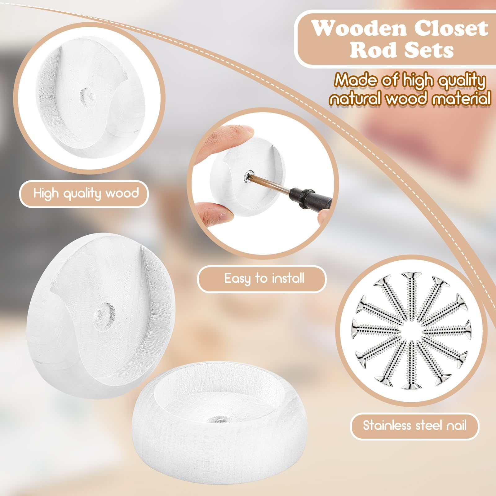 Yookeer 4 Pack White Wooden Closet Rod Holders - 1-3/8