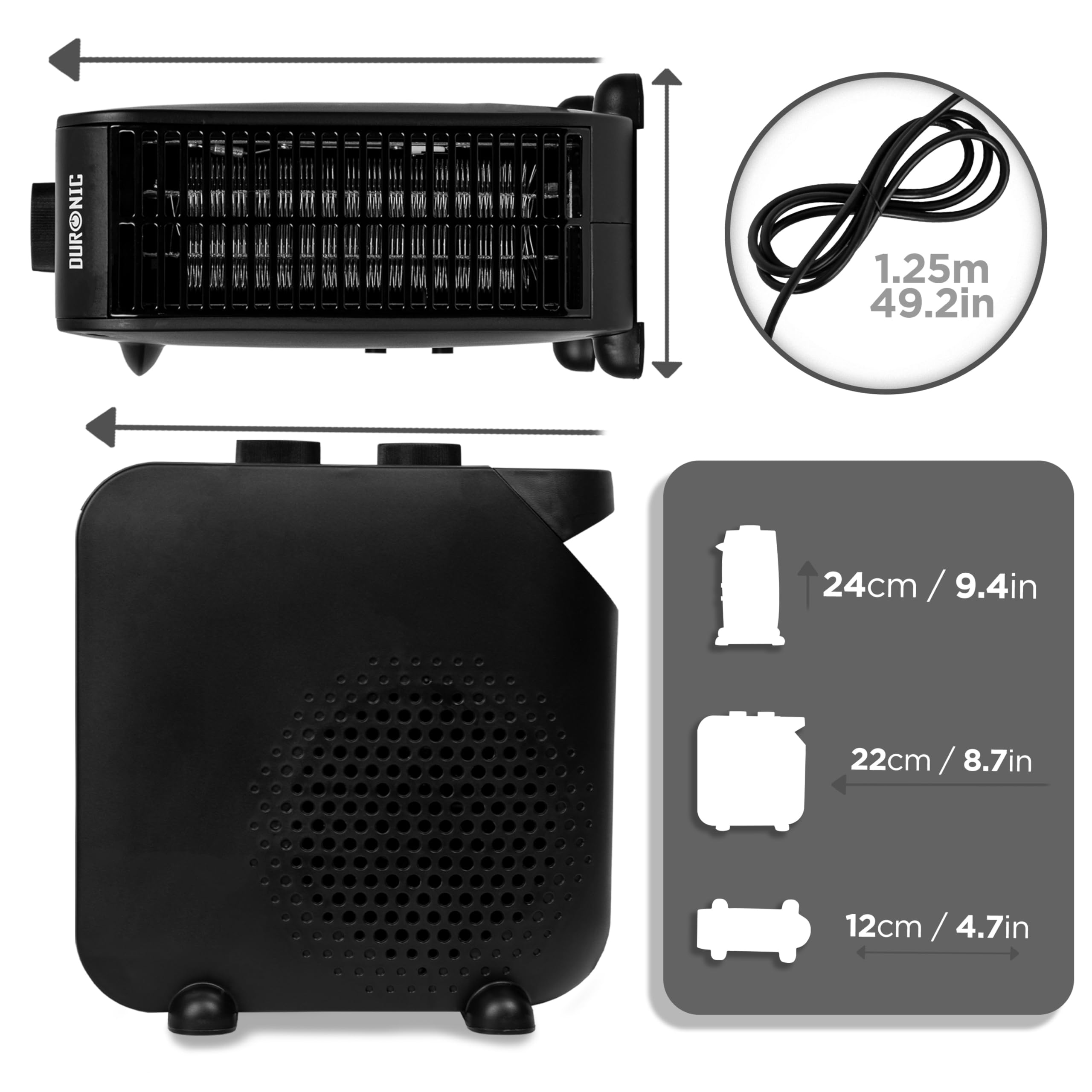 Duronic HV21 BK Adjustable Electric Fan Heater - Portable Space Heater with Cooling Function for Home, Office & Garage | Lightweight Flatbed & Upright Design | Perfect for Winter Heating and Summer Cooling