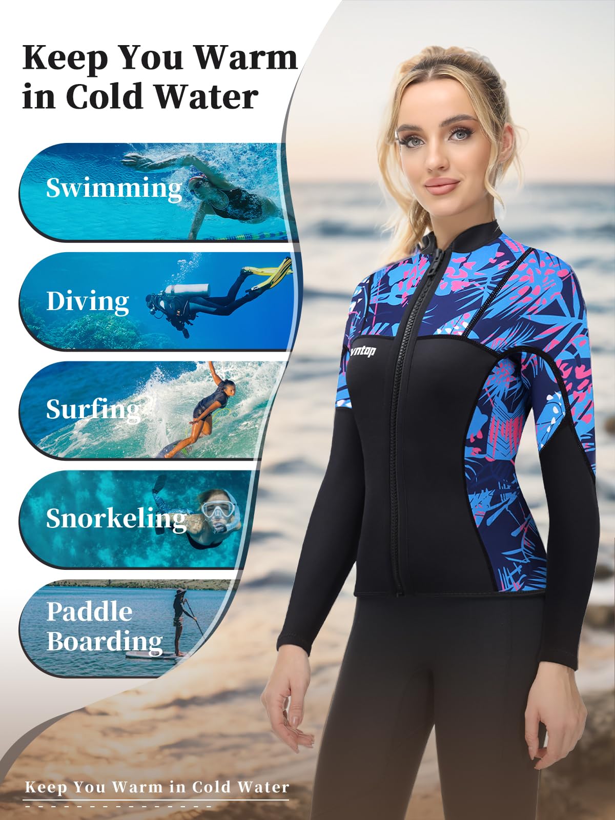 Owntop 2MM Neoprene Wetsuit Top for Women & Men - Long Sleeve YKK Front Zip - Flexible Comfort for Surfing, Diving, Swimming & Water Sports - Perfect for Beach Activities, Snorkeling and Cold Water Protection