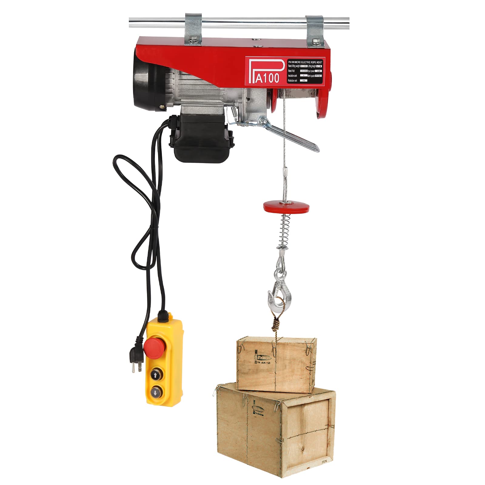 110V Electric Hoist Winch - 220lbs Lifting Capacity, 480W Power with Remote Control - Single/Double Hook for Factory, Warehouse, Mining - Perfect for Heavy Equipment Lifting, Construction Work & Industrial Applications