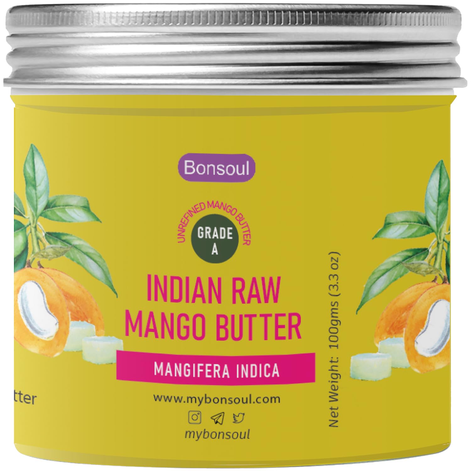 BONSOUL Organic Raw Unrefined Mango Seed Butter for Dry Skin - 100% Natural Hand & Body Moisturizer - 3.5oz Glass Jar - Perfect for DIY Skincare, Hair Care & Massage Therapy