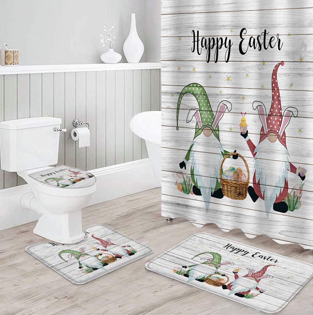 ALAGEO Happy Easter Gnomes 4-Piece Bathroom Set - Non-Slip Shower Curtain, U-Shape Rug, Toilet Cover & Bath Mat - Farmhouse Decor for Spring, Easter Party & Holiday Bathroom Decorations