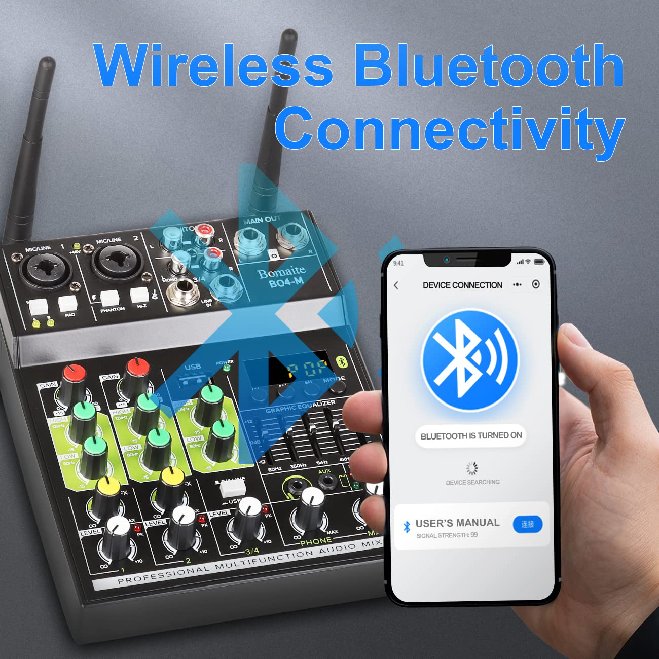 BO4-M Portable Karaoke Microphone Mixer System Set - 4 Channel Audio Mixer with Dual Wireless Mics, Bluetooth MP3 USB Connectivity for Smart TV, PC, KTV - Perfect for Home Theater, Parties & Professional Singing Performances