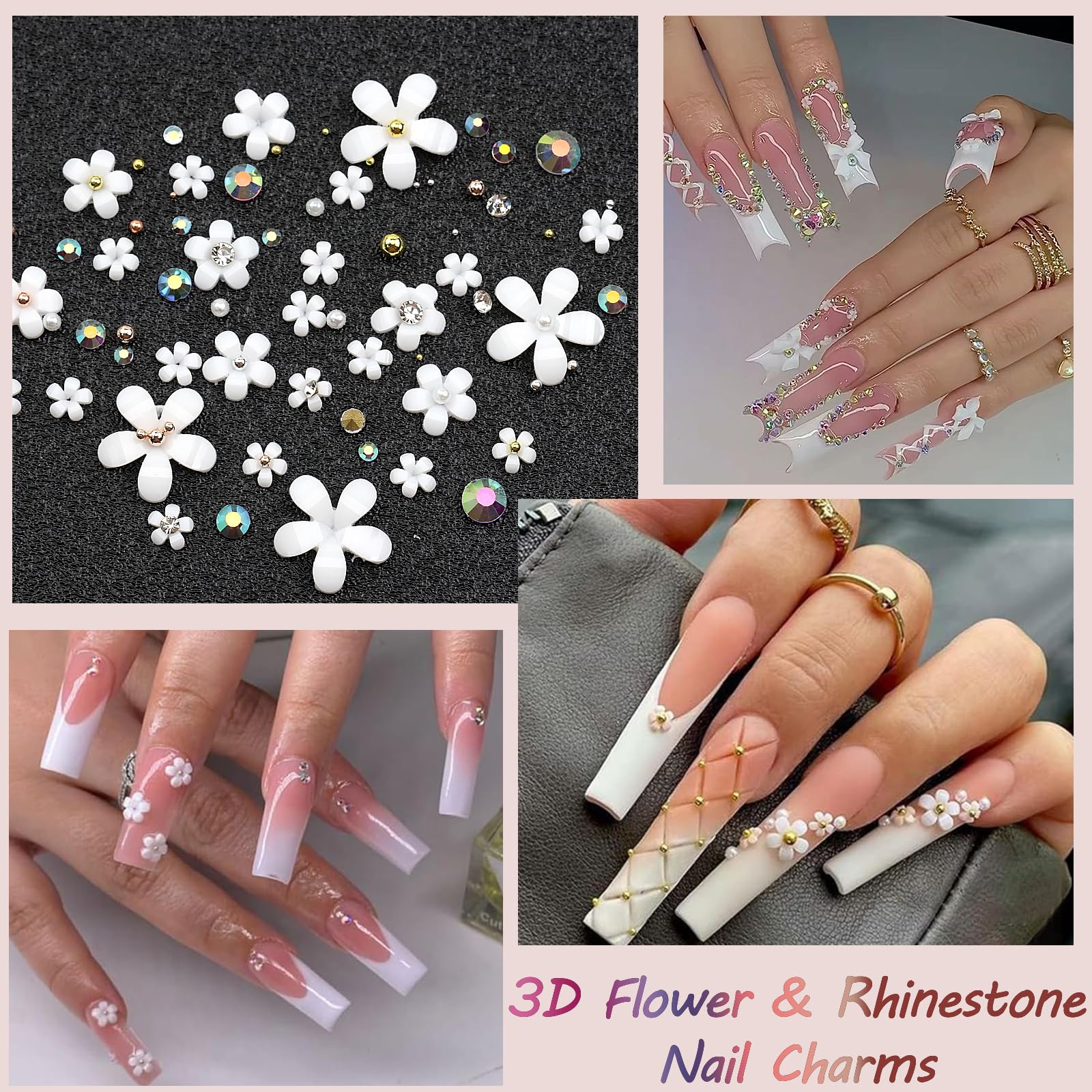 VOTACOS Flatback Nail Art Rhinestones - Flower Nail Charms with AB Rhinestones, Glue Gel for Nail Decor - White Nail Supplies & Clear Nail Gems for Bedazzling, Crafting, Women Nail Design - Perfect for DIY Manicures, Nail Salons & Party Nail Art
