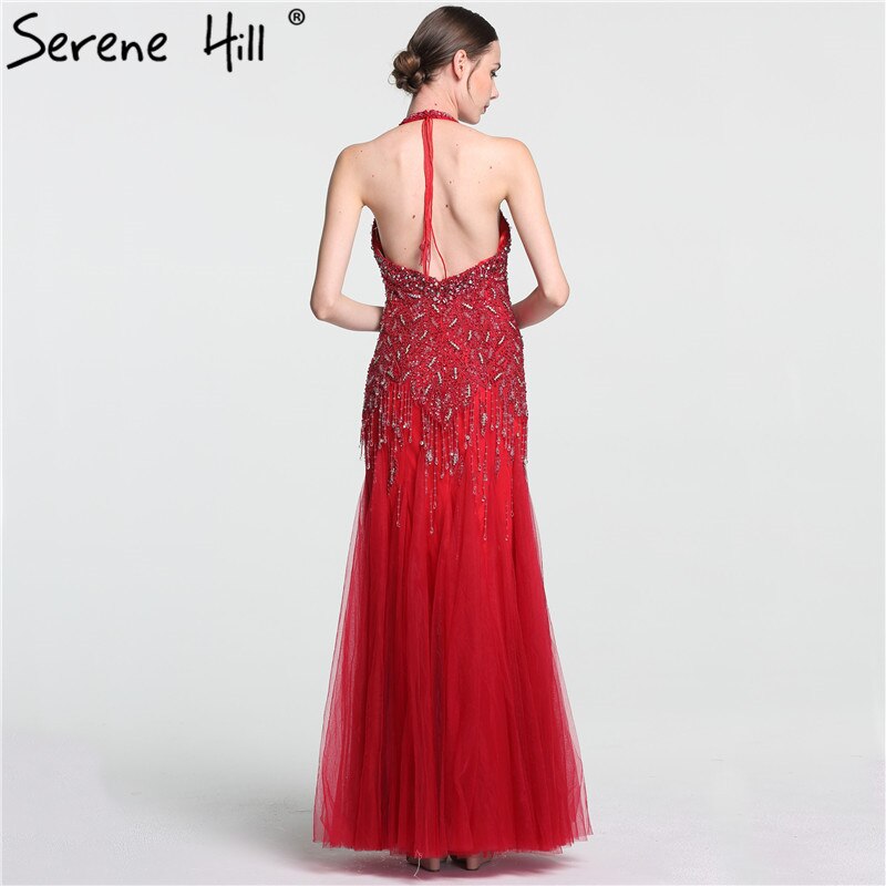Elegant Grey Mermaid Evening Dress with Crystal Beads & Tassels - Sexy Halter Floor Length Gown for Women 2025 | Perfect for Arabic Parties, Prom Night & Formal Events - LA6151