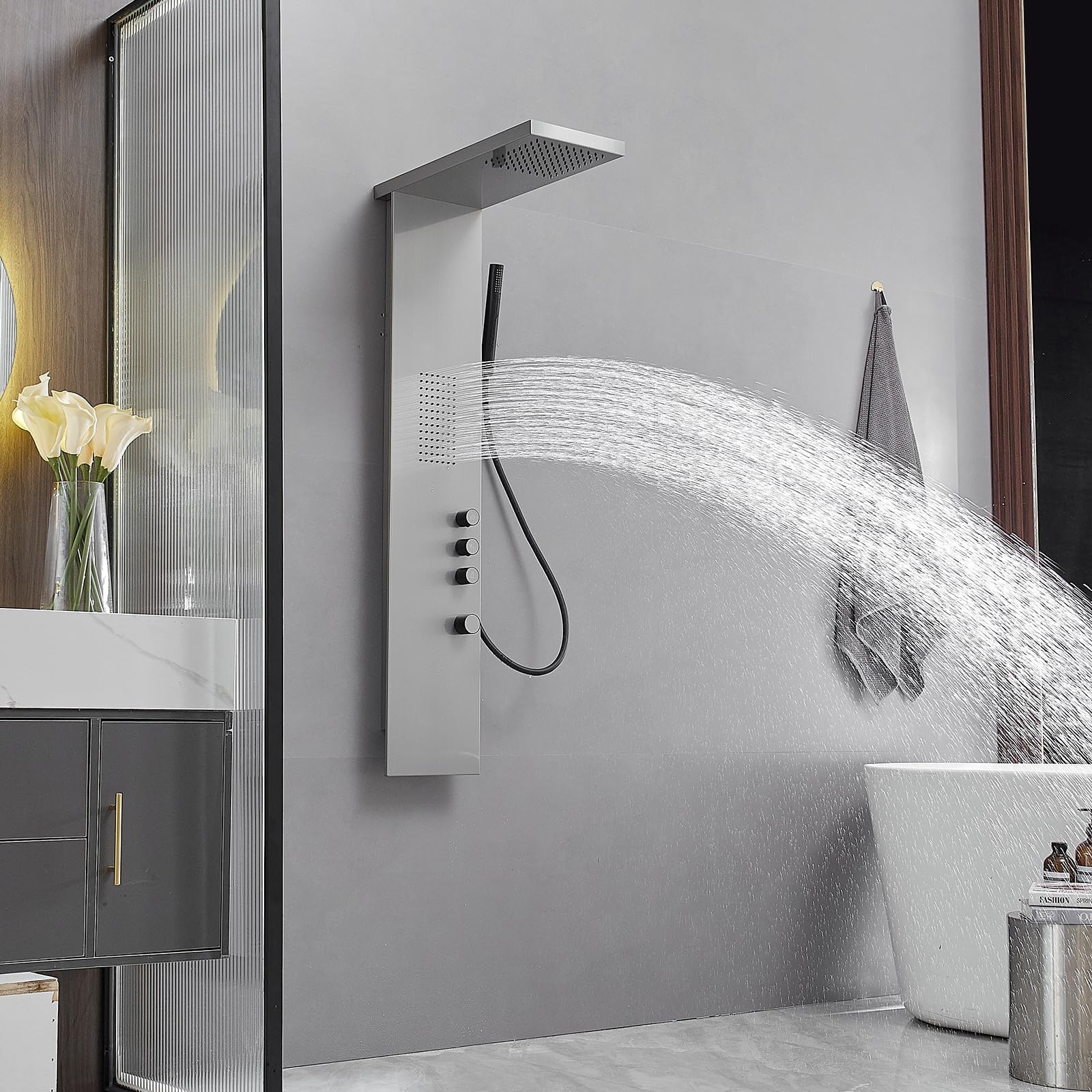 Brushed Nickel Shower Panel Tower System with Rainfall Shower Head & Handheld Wand - Multi-Function Large Area Massage Jets for Home & Hotel Use - Perfect for Spa-Like Relaxation and Luxury Bathroom Upgrades