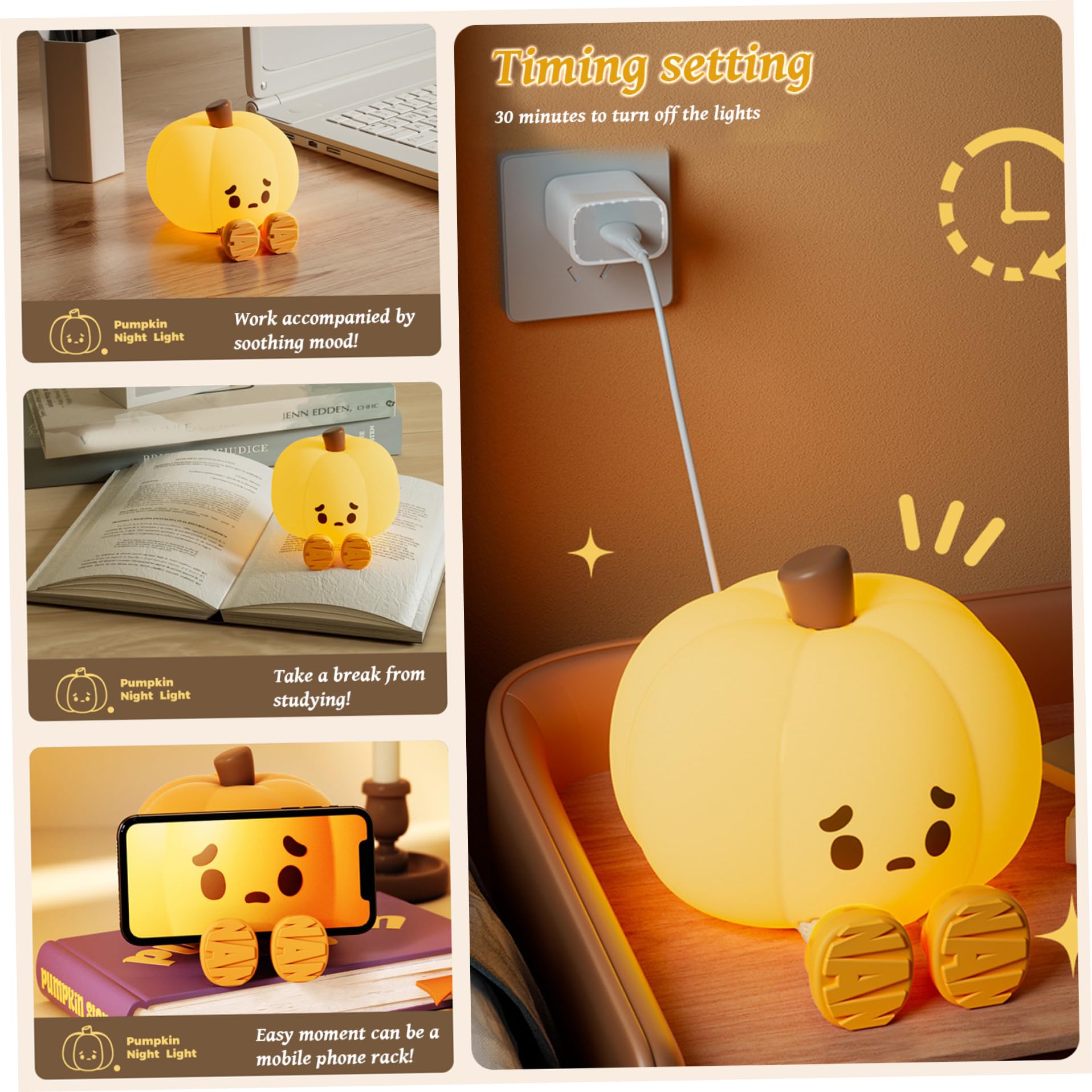 SWEETBIUTI USB Rechargeable Pumpkin Night Light - 3 Brightness Levels, 30-Min Timer, Touch Control - Soft Silicone Halloween Decor for Kids Bedroom, Nursery, Party - Perfect for Halloween, Christmas & Cozy Nighttime Ambience