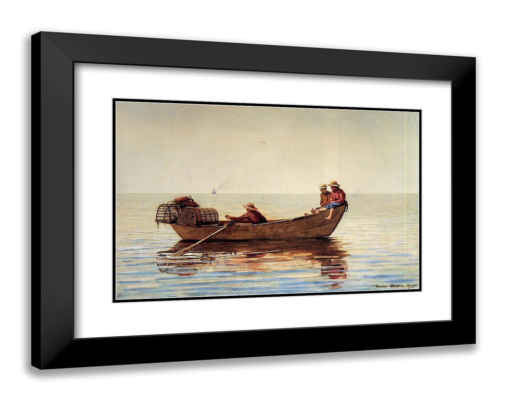 Winslow Homer 24x18 Black Modern Framed Art Print - Three Boys in a Dory With Lobster Pots - Double Matting Wall Decor for Living Room, Office & Gallery Display