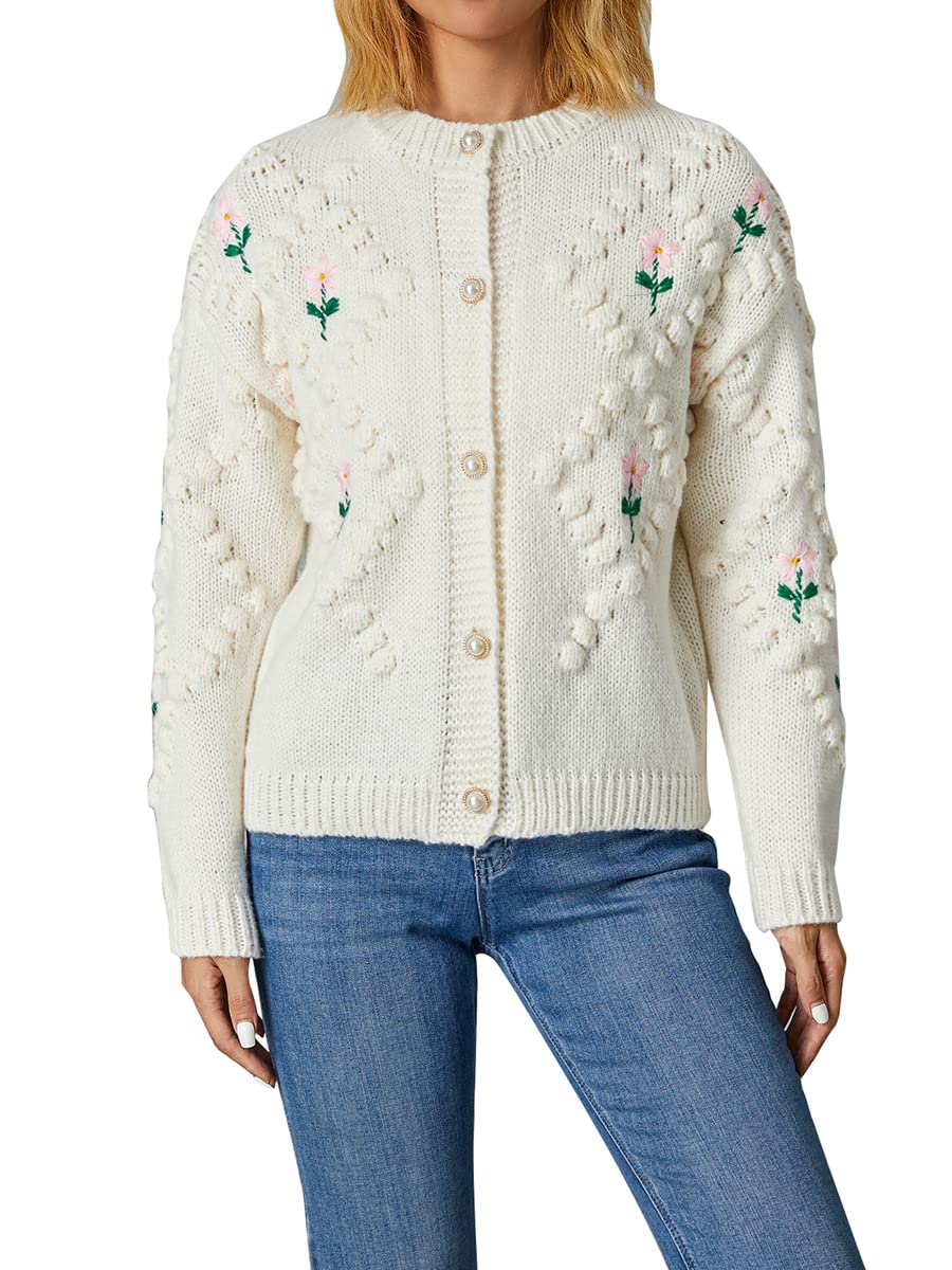 Women's Crochet Knit Hollow Out Floral Pattern Sweater Top - Long Sleeve Button Down Knitted Cropped Cardigan for Spring & Fall Layering | Perfect for Casual Outfits, Office Wear, and Date Nights