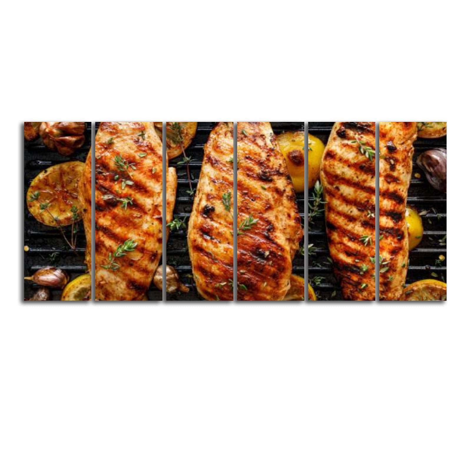 6 Panel Canvas Wall Art - Grilled Chicken with Thyme, Garlic & Lemon on Grill - Kitchen & Dining Room Decor - Stretched & Framed Ready to Hang - Perfect for Food Lovers & Home Chefs