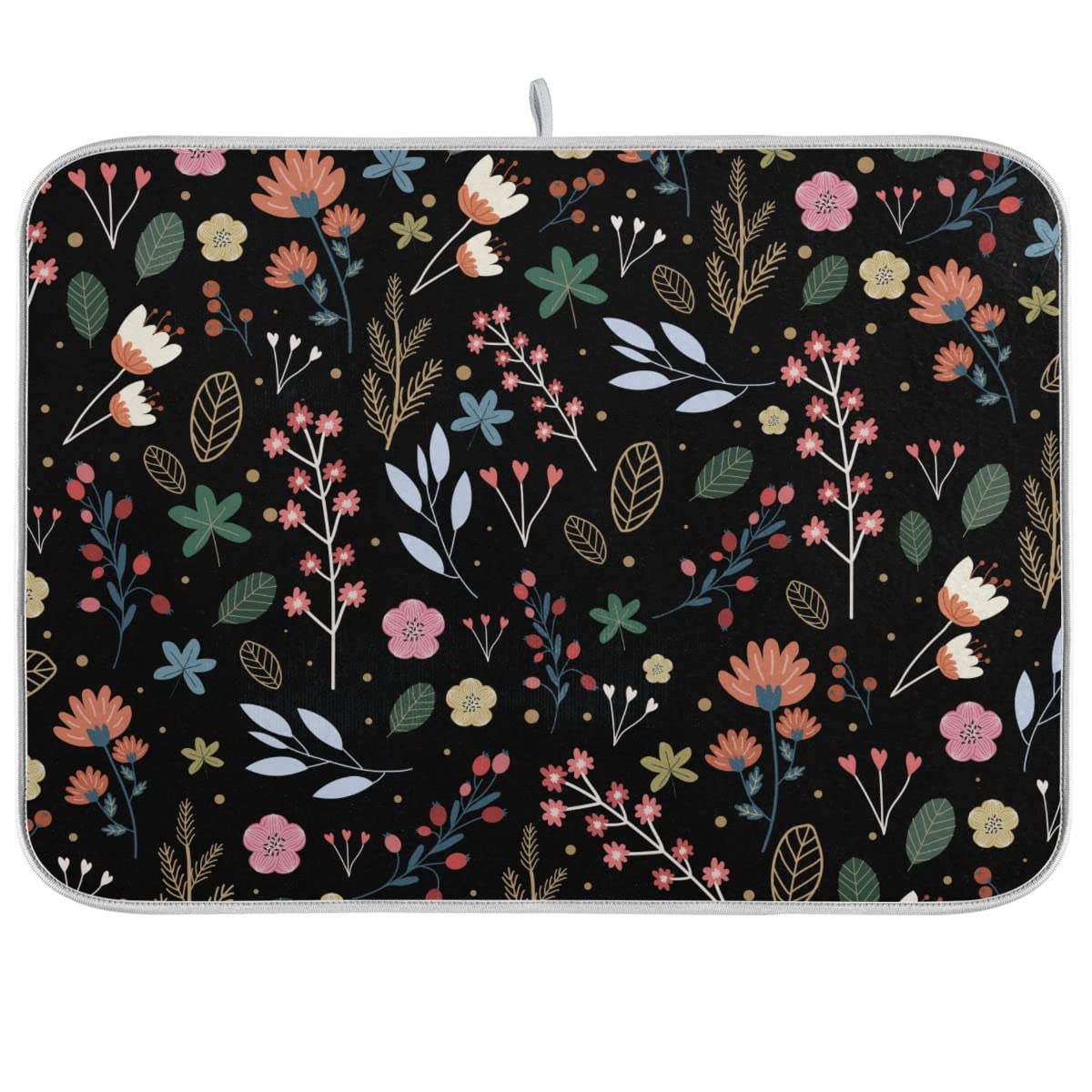 Absorbent Microfiber Dish Drying Mat - Black Floral 18x24in for Kitchen Countertop | Fast-Dry Reversible Pad