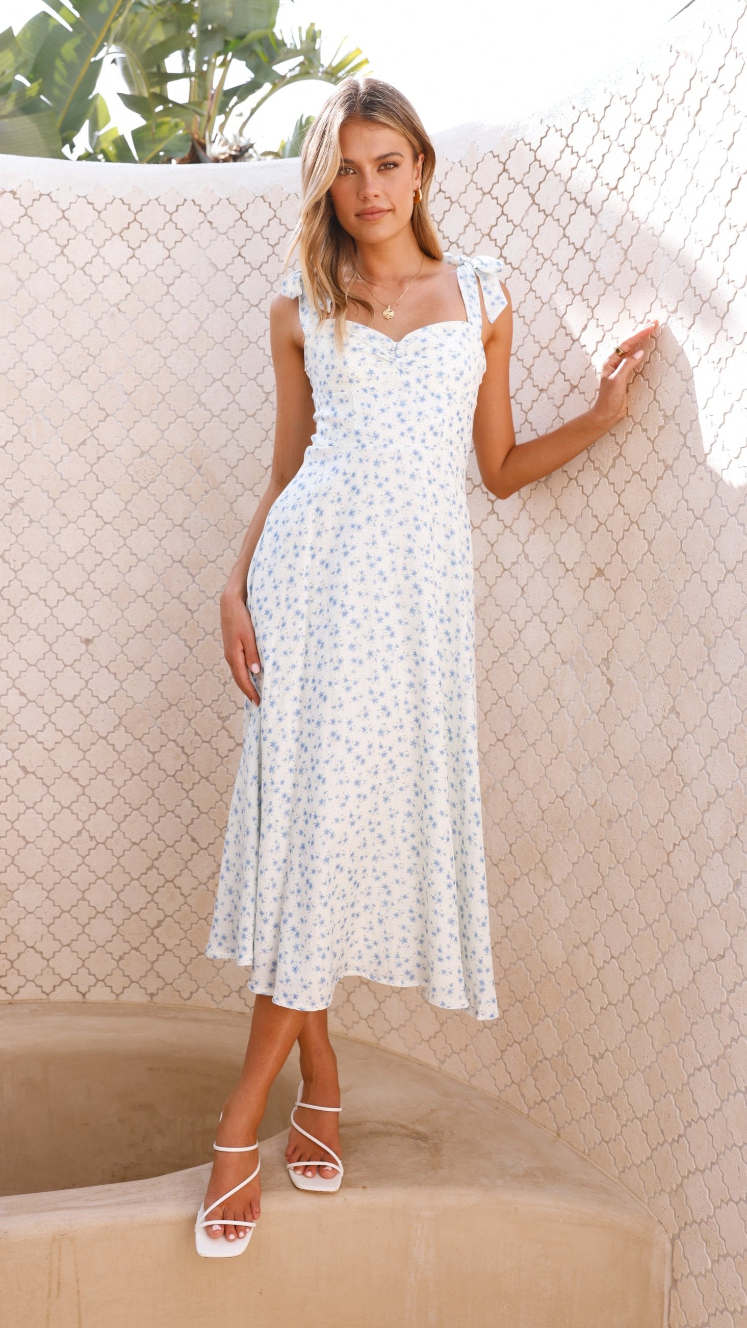 Blakely Midi Dress - Blue Floral Print Women's Summer Dress for Casual Wear, Office & Date Night