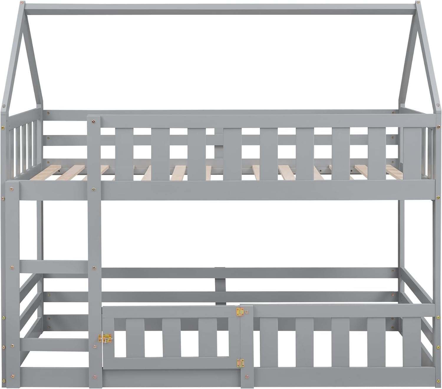 MERITLINE Twin Over Twin Wooden Bunk Bed with Safety Fence & Door, Loft Bed with Roof for Kids - Easy Assembly, Grey - Perfect for Small Bedrooms, Kids' Dormitories & Space-Saving Home Decor