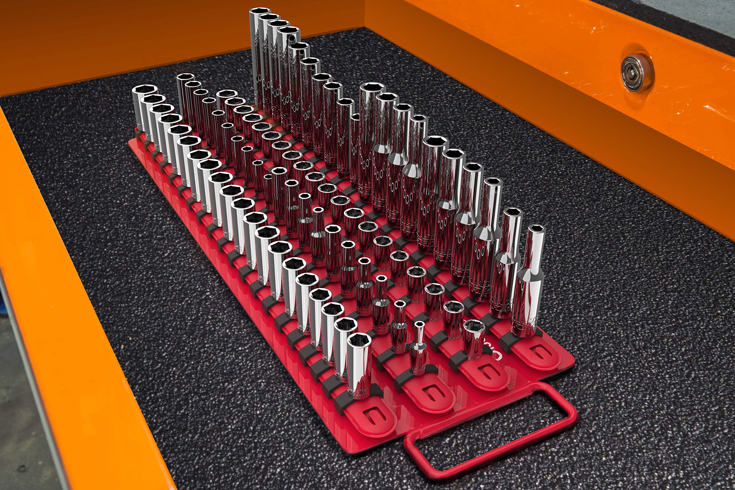 Olsa Tools Portable Socket Organizer Tray with Red Rails & Black Clips - Heavy Duty Socket Holder for 80 Sockets | Premium Quality Tool Storage Solution | Perfect for Mechanics, DIY Enthusiasts & Garage Organization