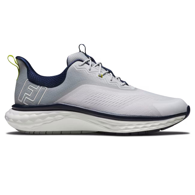 FootJoy Men's Quantum Golf Shoes - White/Grey/Blue | Comfortable Spiked Golf Shoes for Men | Perfect for Golf Course & Outdoor Sports