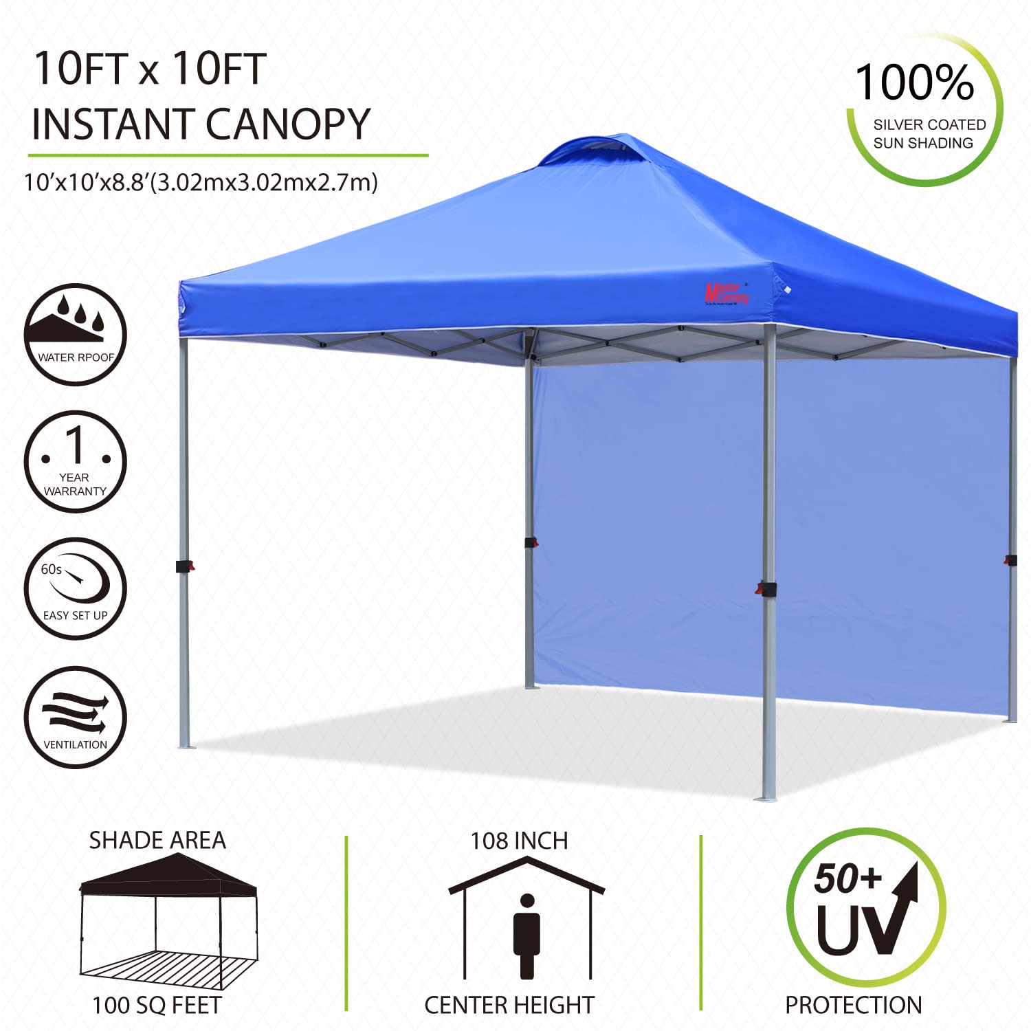 MASTERCANOPY 10'x10' Durable Pop-Up Canopy Tent with Sidewall - Blue Outdoor Instant Shelter for Camping, Beach, Picnic & Backyard Parties