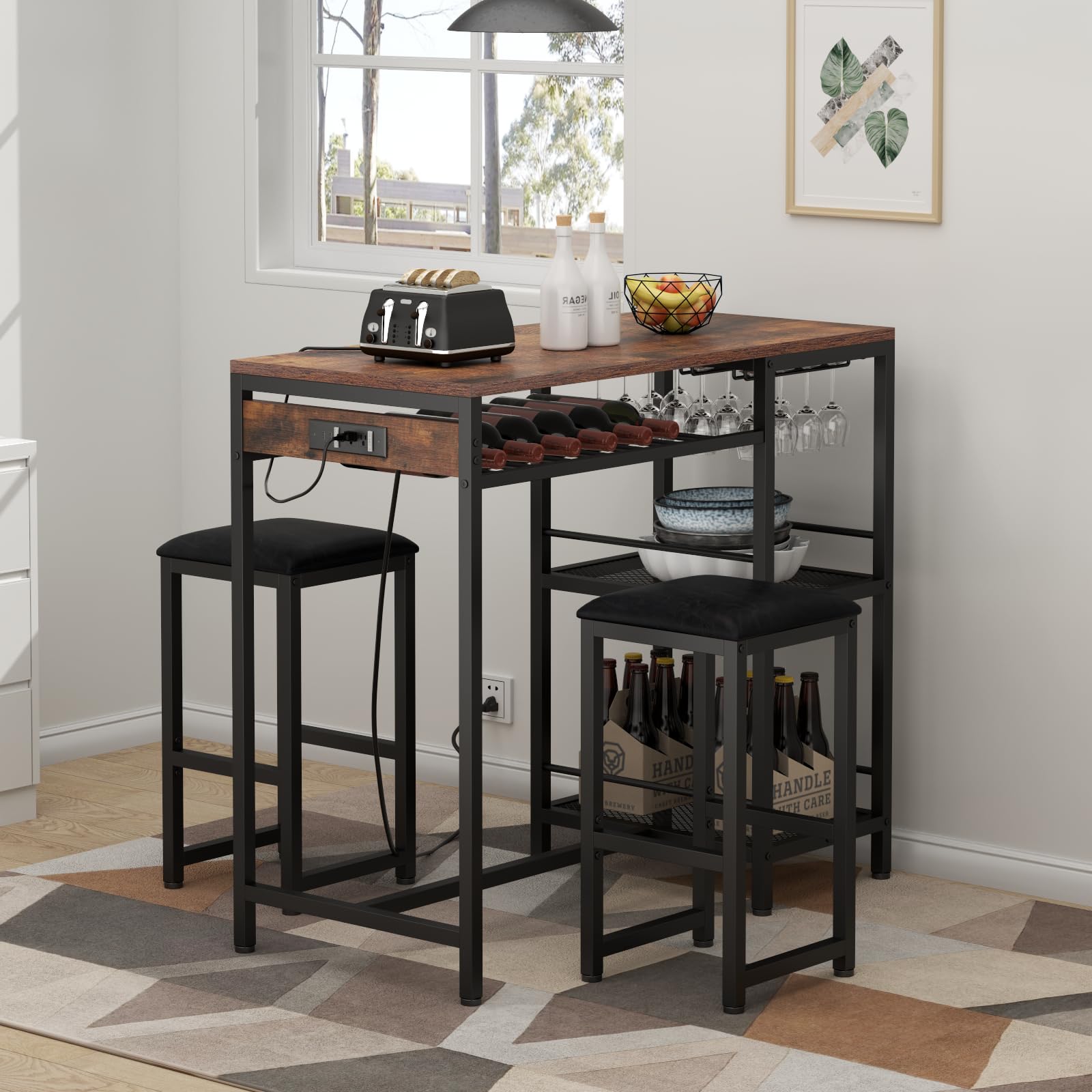 Rustic Bar Table and Chairs Set with Power Outlet, 3-Piece Pub Table Set for 2 with Storage Shelves, Wine Rack & Glass Holder - Perfect for Living Room, Dining Room, Small Apartment, and Outdoor Patio