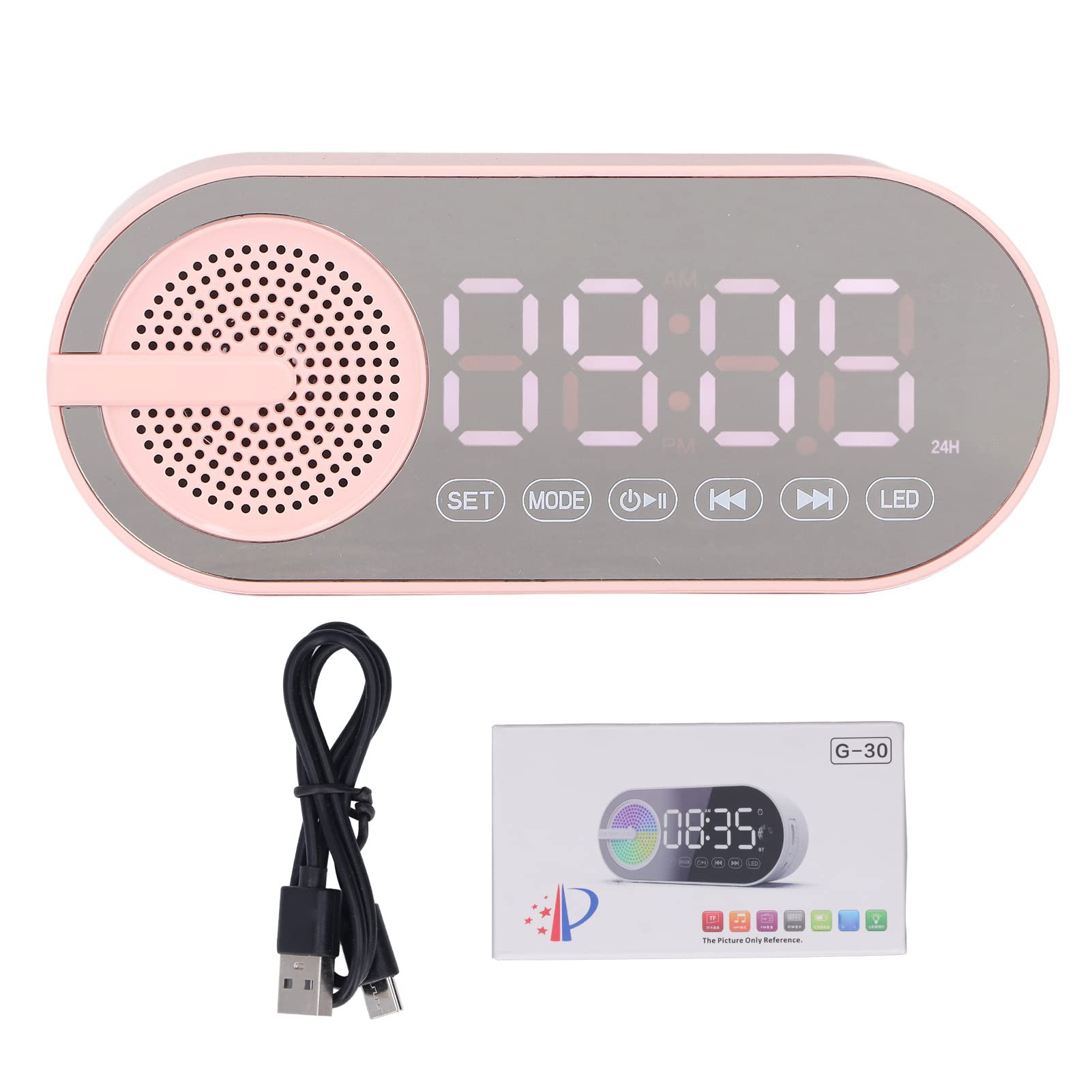 Wireless Bluetooth 5.0 Speaker Mirror Alarm Clock with FM Radio, USB Charging & SD Card Slot - Digital LED Display, Rechargeable Battery - Perfect for Bedroom, Travel & Hotel Use (Pink)