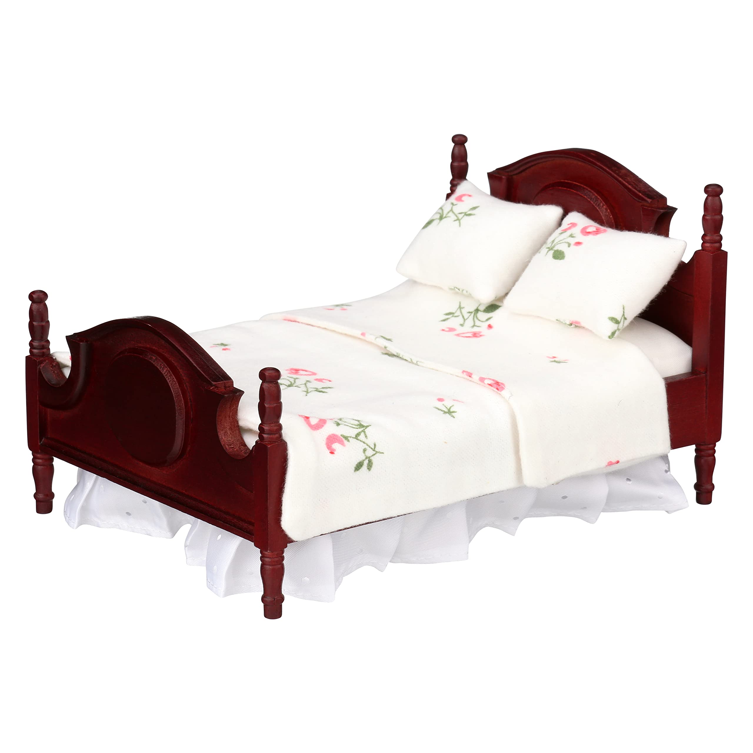 1/12 Scale Dollhouse Queen Bed Set - Brown Wooden Bed Frame with 3-Piece Bedding Set (Comforter & Pillows) | Perfect for Miniature Home Decor, Dollhouse Accessories, and Model Display Scenes