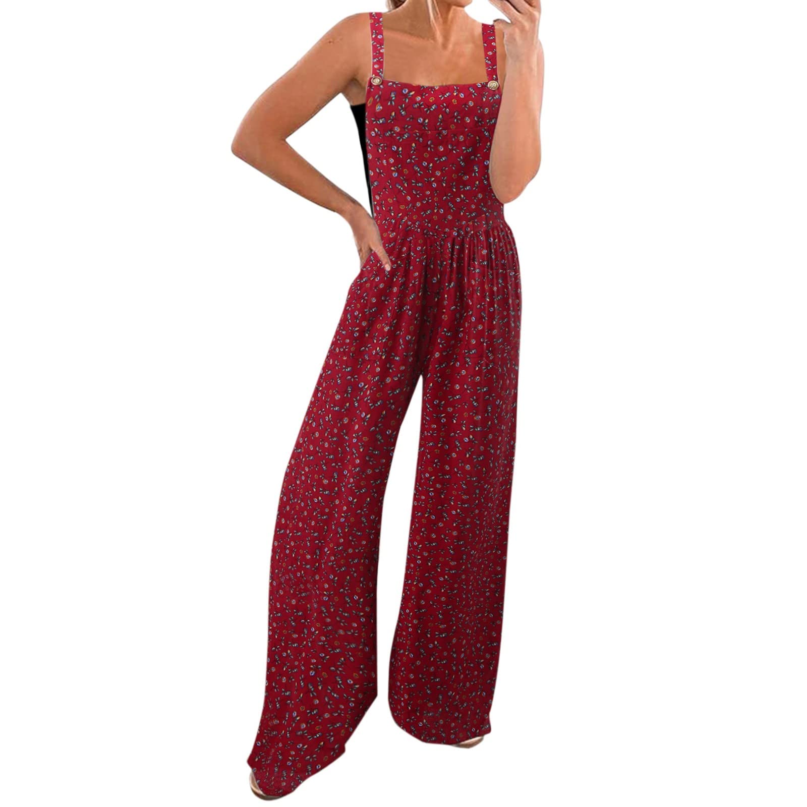 Vintage Floral Print Women's Casual Button-Up Jumpsuit with Adjustable Straps - Loose Fit Long Pants Club Outfit (Red, Size S) for Parties, Date Nights & Summer Fashion