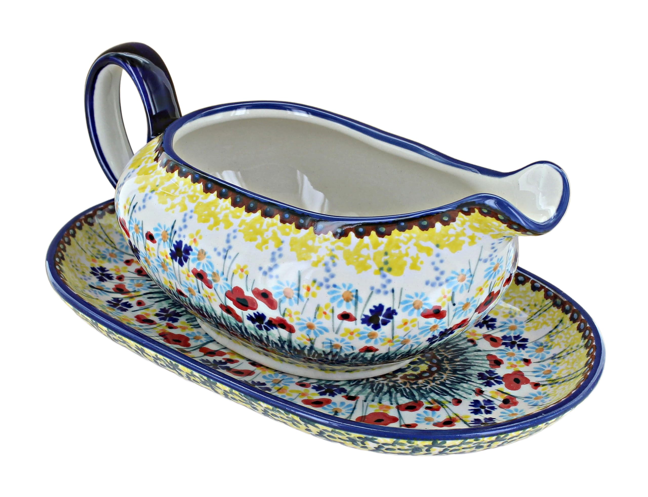 Blue Rose Polish Pottery Gravy Boat & Plate Set - Handcrafted Ceramic Serving Dish for Sauces, Dressings & Gravies - Perfect for Thanksgiving, Dinner Parties & Elegant Table Settings
