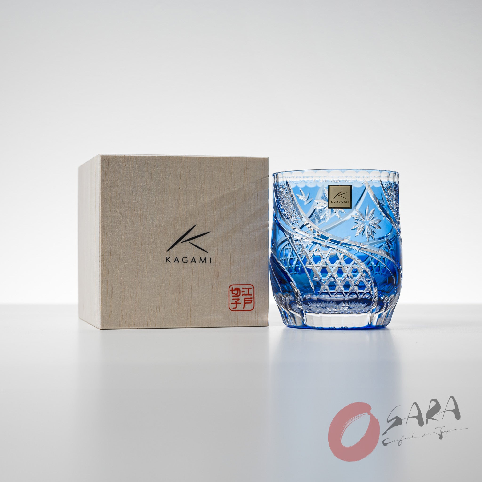 KAGAMI Crystal Edo Kiriko Rock Glass - Handcrafted Japanese Cut Glass Whiskey Tumbler with Floating Cherry Blossoms Design - Elegant Blue Drinking Glass for Cocktails, Whiskey & Home Bar Decor