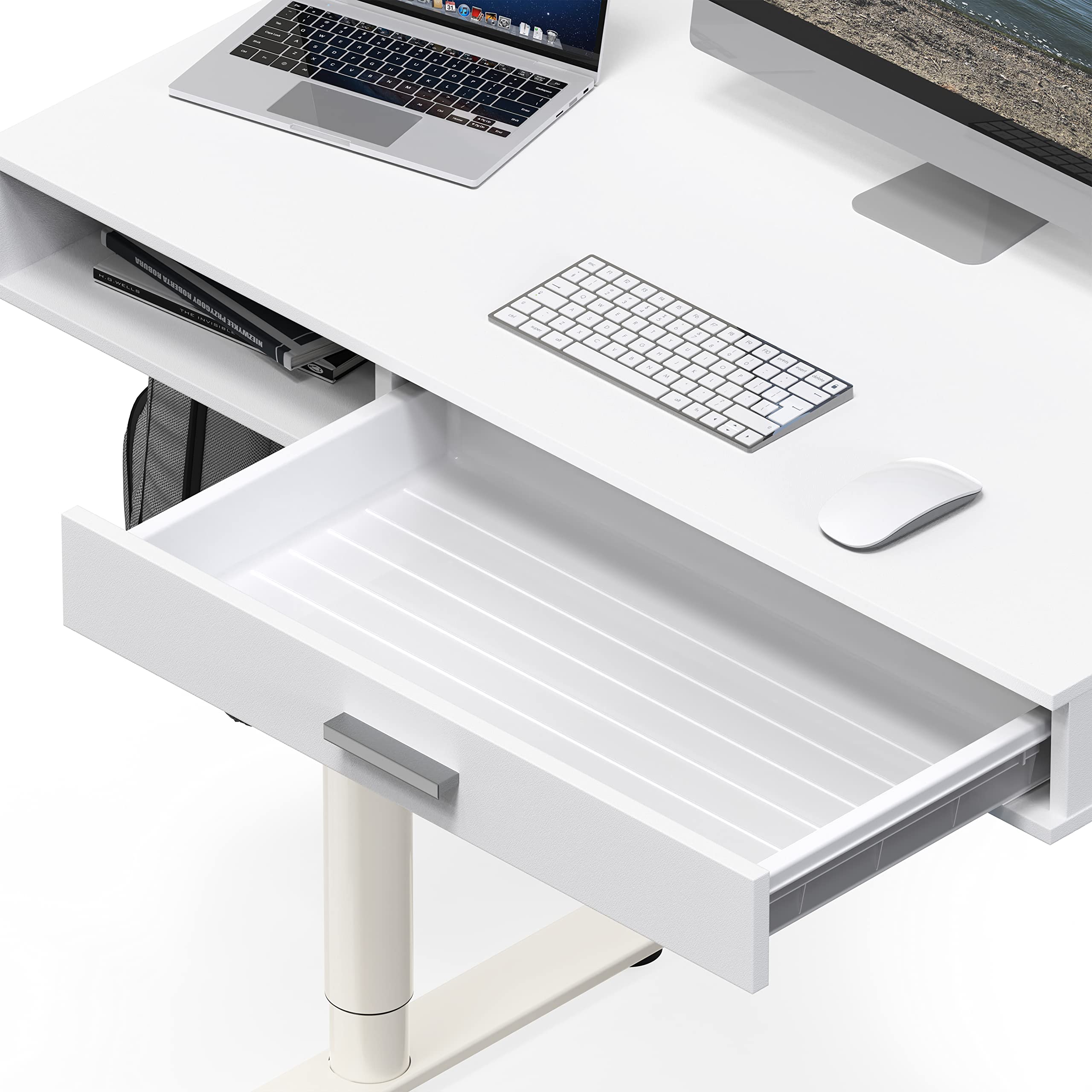 SHW Claire 40-Inch Electric Height Adjustable Standing Desk with Drawer - White | Home Office & Gaming Workstation for Ergonomic Comfort