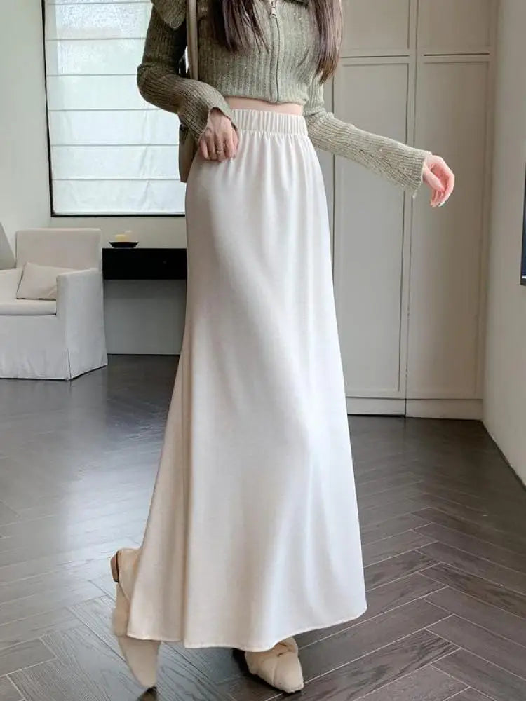 Women's Black Elastic High Waist Fishtail Skirt - Korean Style Beige Pleated A-Line Long Skirt for Autumn Winter | Elegant Vacation Outfit, Office Wear & Party Dress