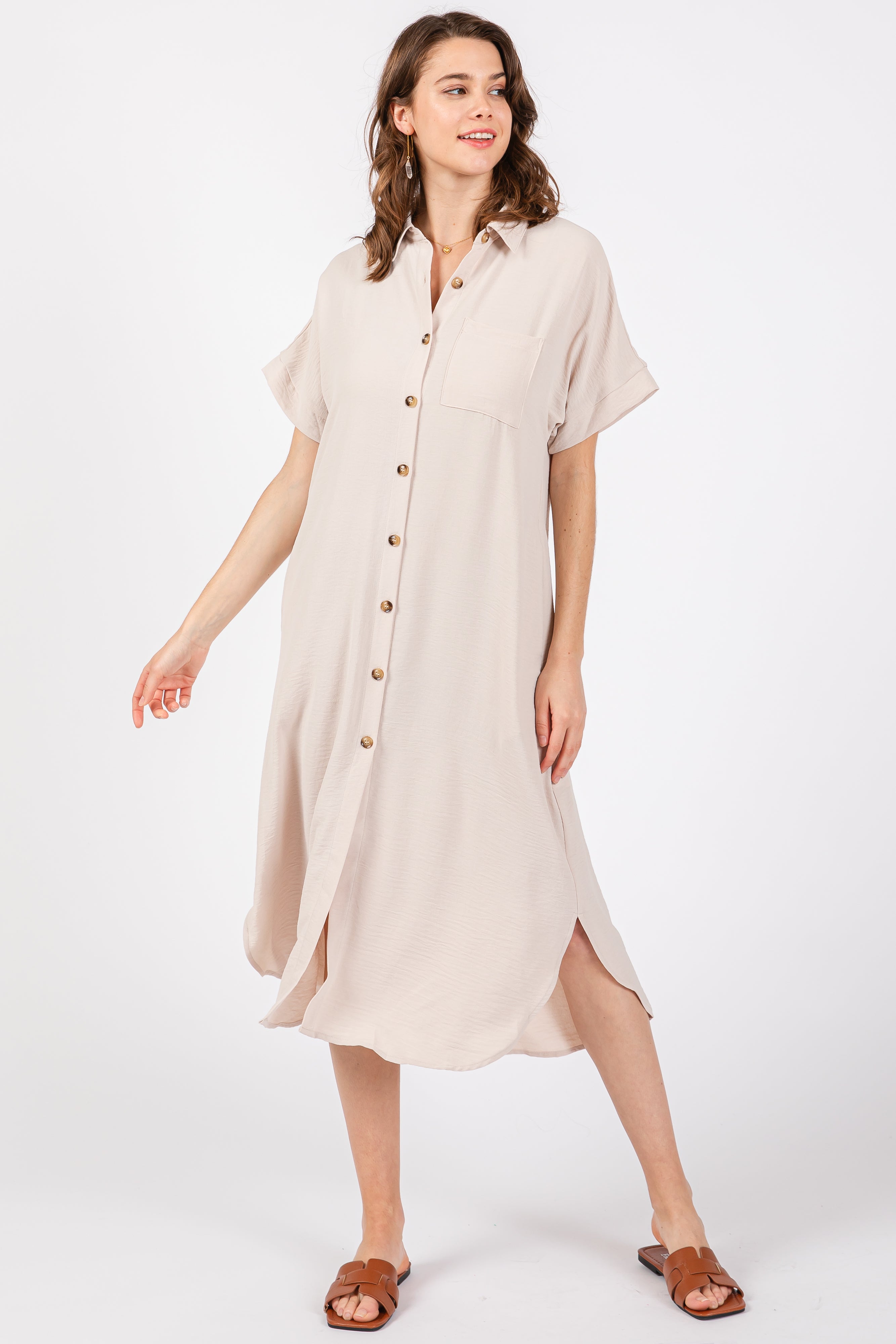 Beige Button Down Maternity Dress with Front Pockets - Flowy Midi Length for Pregnancy Comfort | Perfect for Baby Showers, Maternity Photos & Everyday Wear