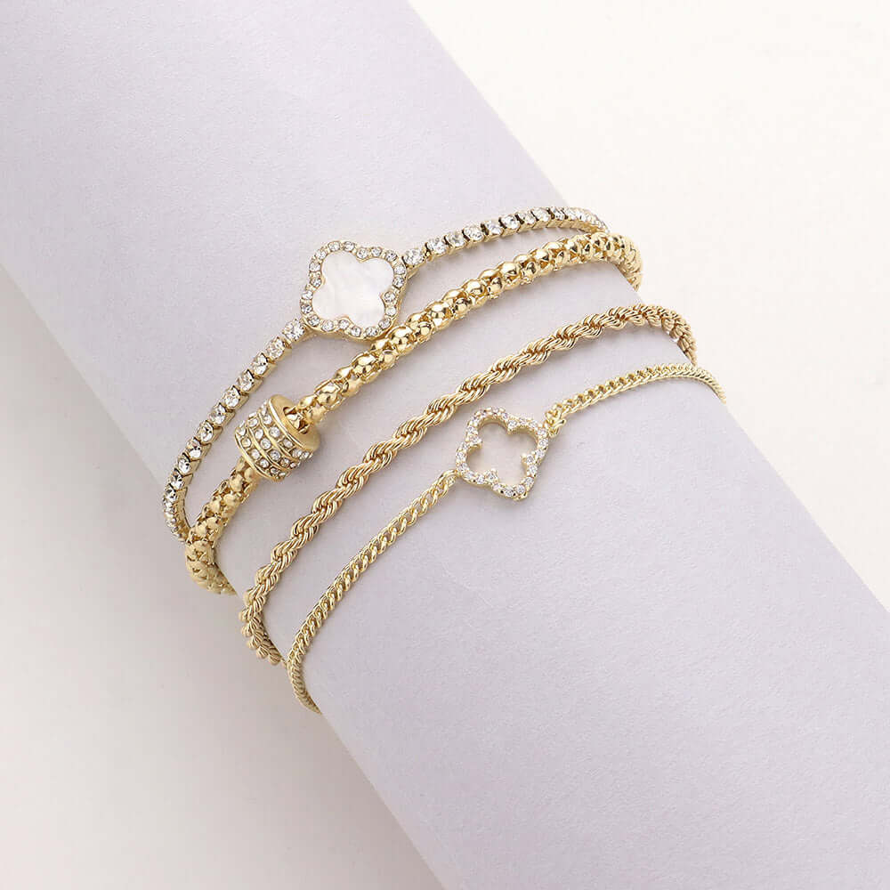 4-Piece Gold Mother of Pearl Quatrefoil Tennis Chain Bracelet Set - Twisted Metal Layered Bracelets for Women, Stackable Jewelry for Daily Wear, Parties & Special Occasions