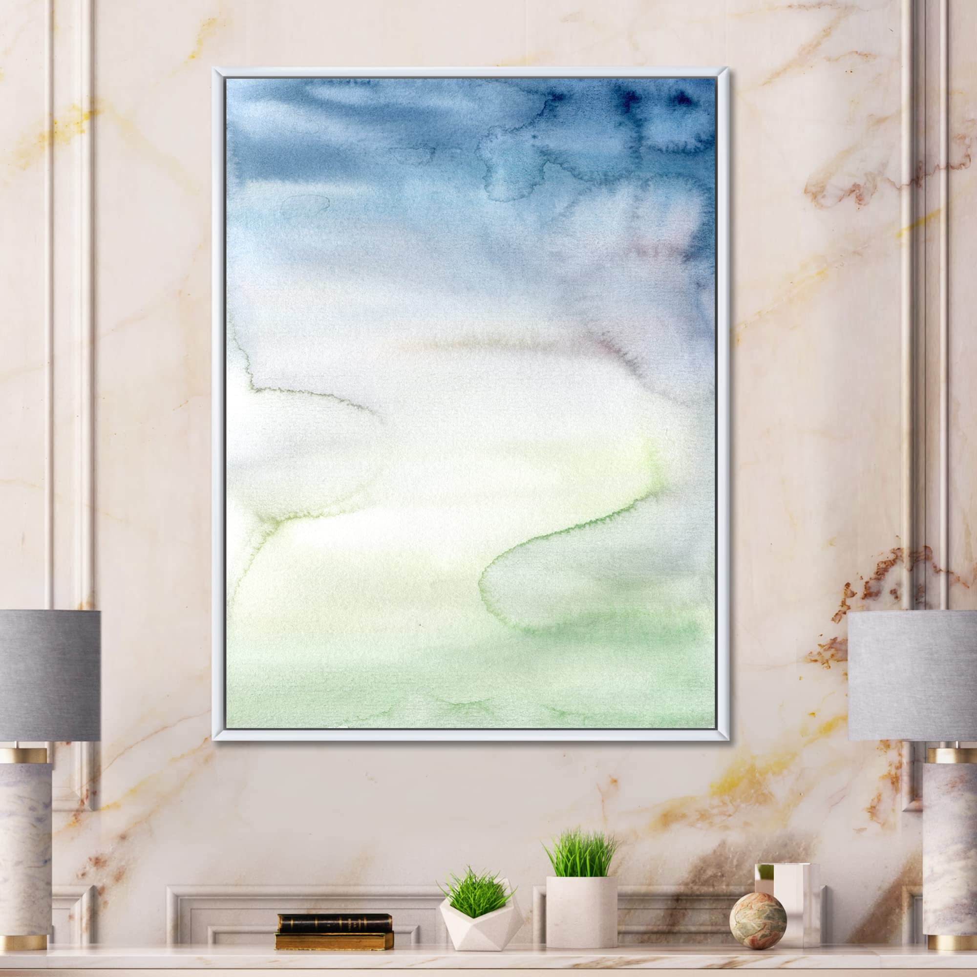 Pastel Abstract Canvas Wall Art with Dark Blue Green & White Spots - Modern Framed Print for Living Room, Bedroom & Office Decor