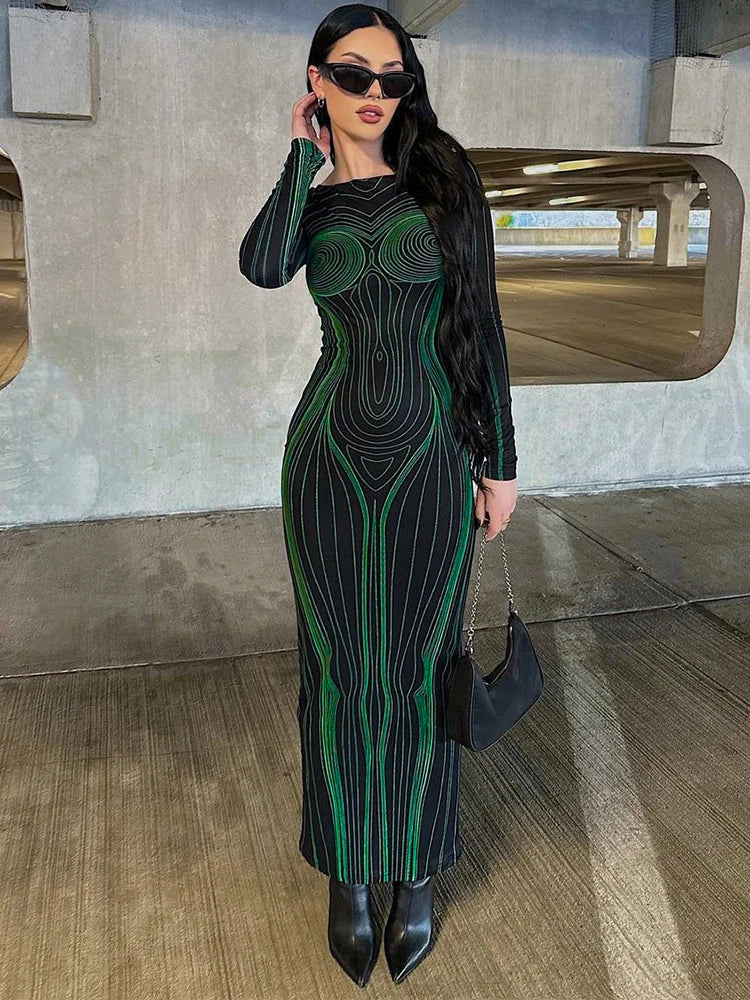 Y2K Tie Dye Print Backless Long Sleeve Bodycon Maxi Dress for Women - Elegant O Neck Party Dress for Birthday, Club & Night Out
