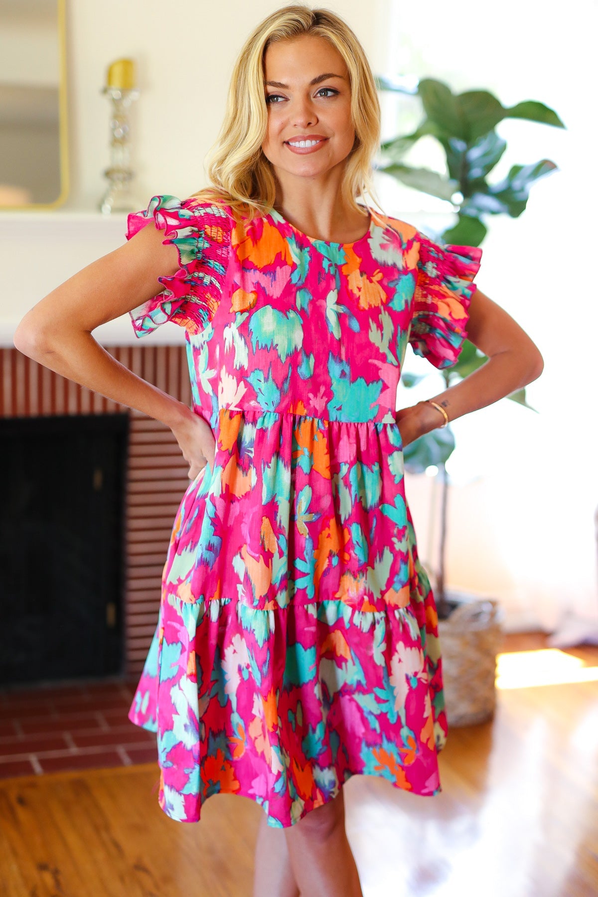 Look of Love Fuchsia Abstract Floral Print Smocked Ruffle Sleeve Dress for Women | Elegant Party & Wedding Guest Outfit