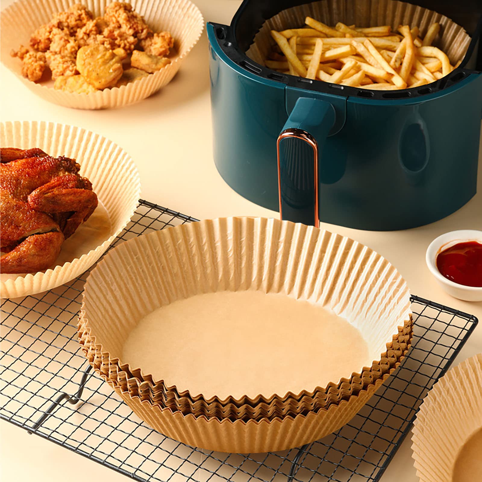 50-Pack Unperforated Round Air Fryer Parchment Paper Liners - Wood Color Disposable Baking Sheets for Air Fryer, Microwave & Oven - Perfect for Roasting, Baking & Reheating Food Without Sticking