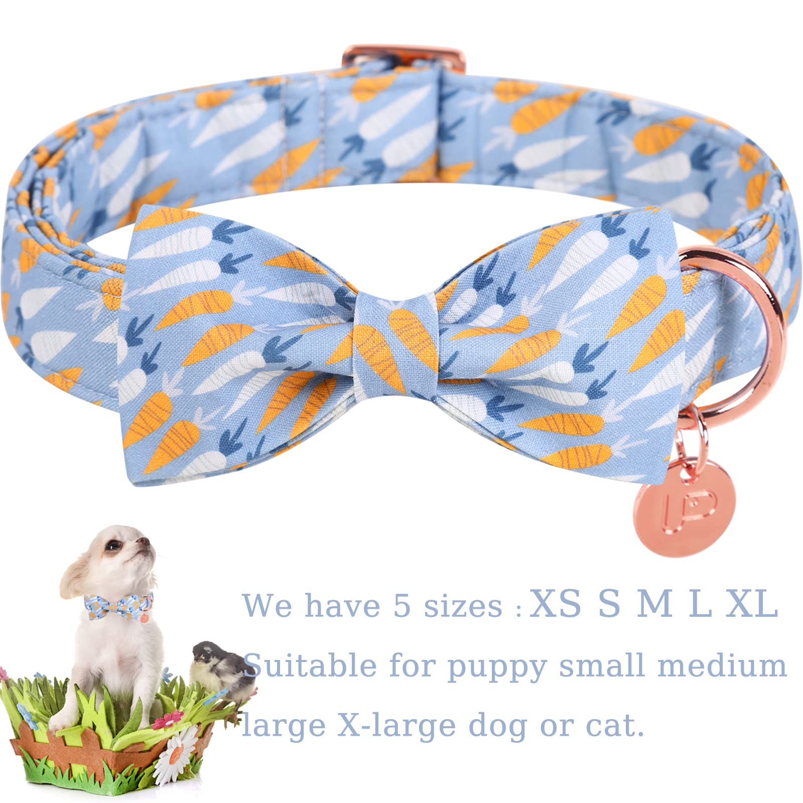 Easter Dog Collar with Bow Tie - Adjustable Cotton Pet Collar for Large Dogs, Cute Carrot Design with Metal Buckle - Perfect Easter Gift for Boy & Girl Dogs (Blue, Size L) - Great for Easter Photos, Parties & Holiday Outfits