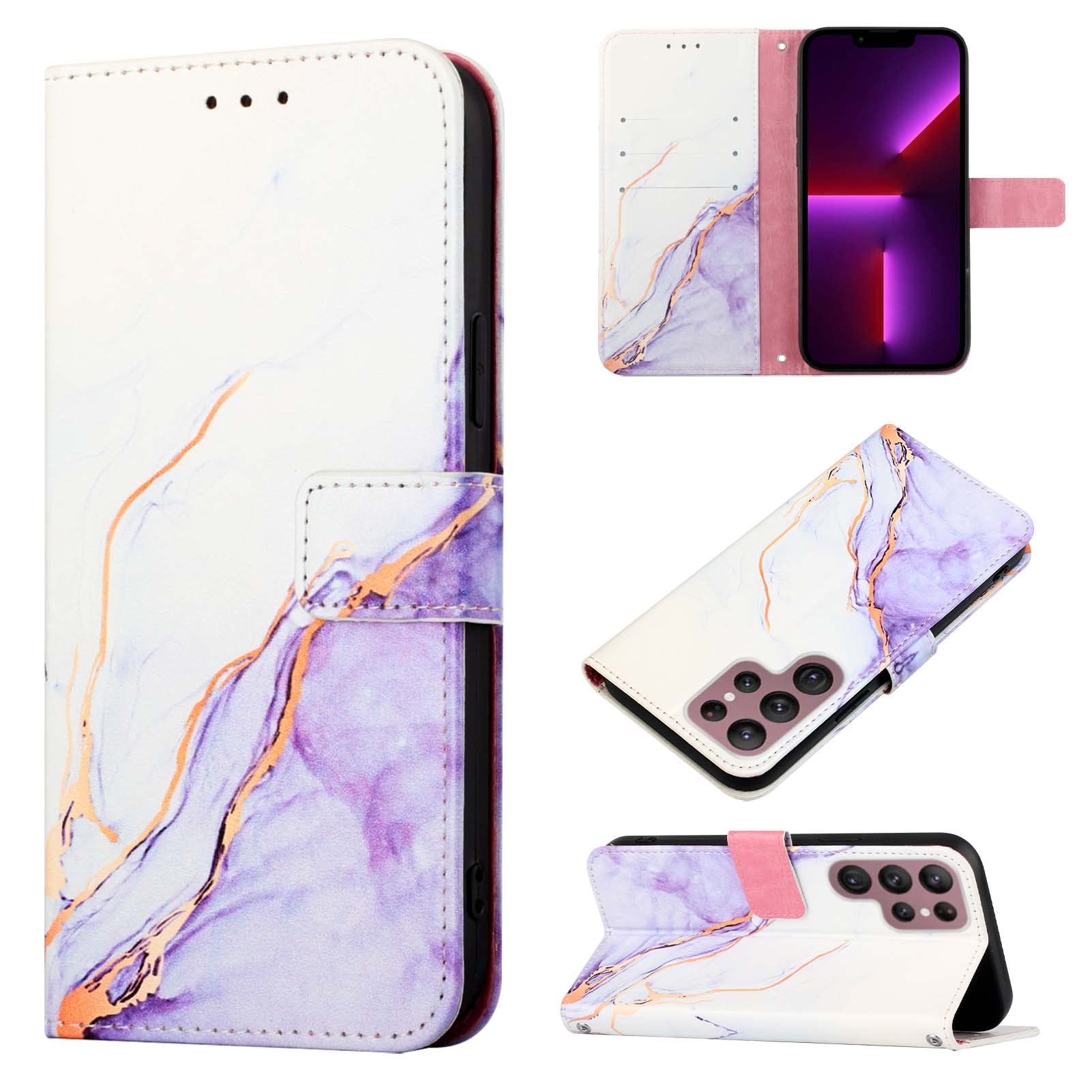 Premium Leather Wallet Case for Samsung Galaxy S22 Ultra - Flip Folio Cover with Card Holder & Kickstand | Marble Design in White & Purple | Protective Phone Case for Women & Girls | Perfect for Work, Travel & Everyday Use